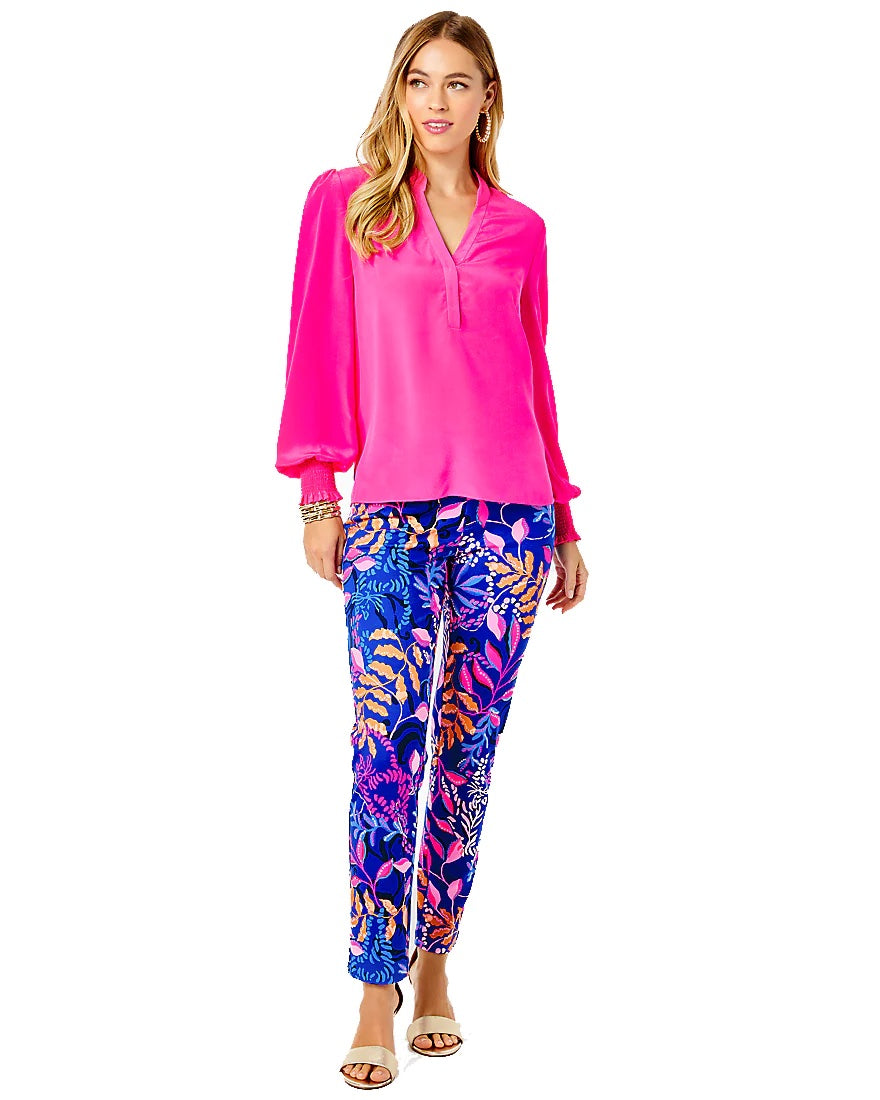 Lilly Pulitzer Dae Smocked Cuff Popover Silk Blouse - /Pink - M