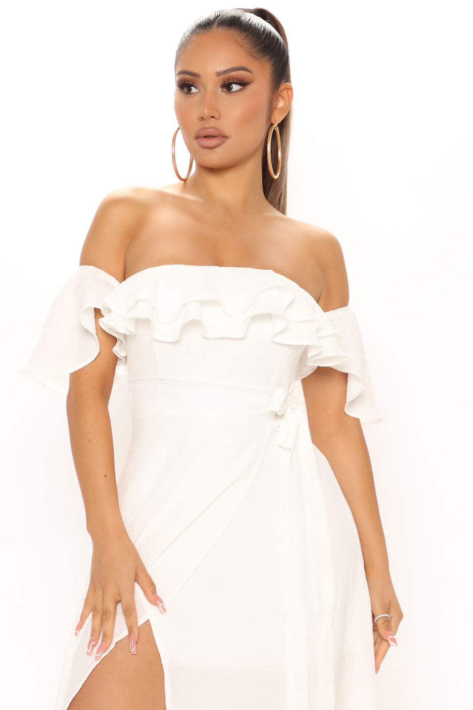 Fashion Nova White Ruffle Off the Shoulder High Slit Maxi / XS