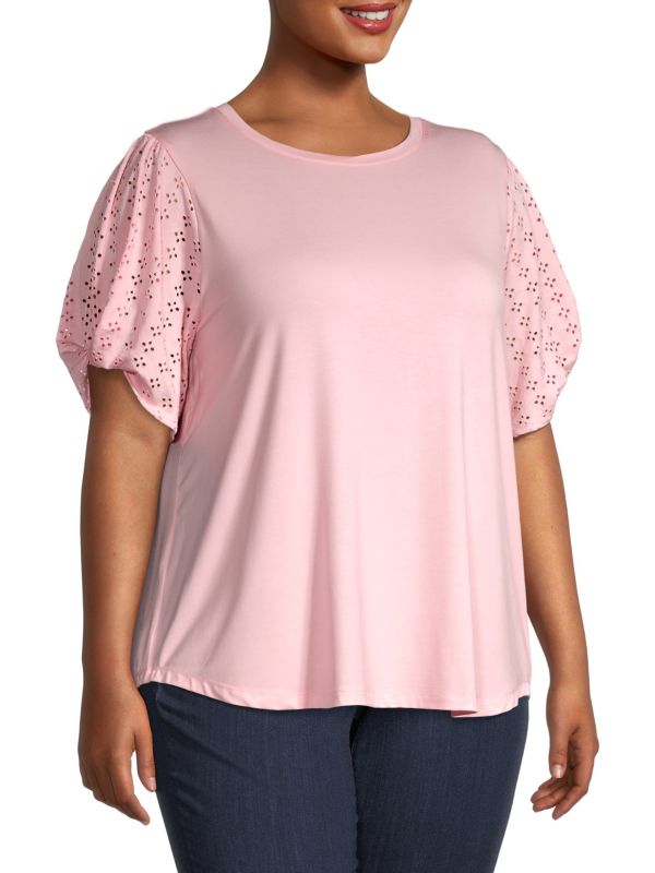 Cooper & ella Eyelet Sleeves Blouse - Pink - 2X