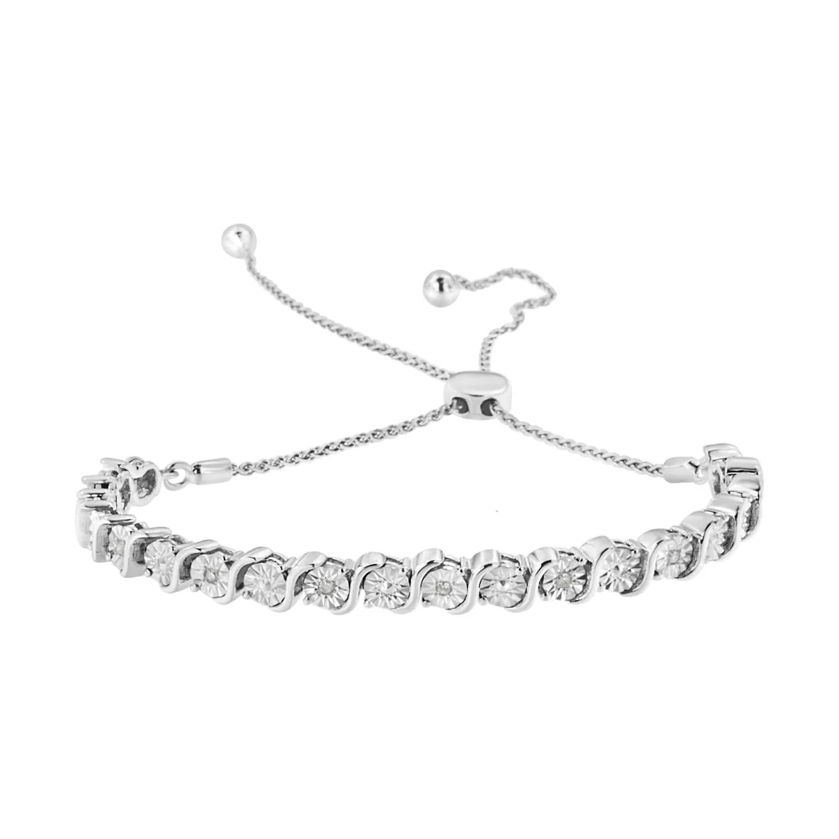 Haus of Brilliance .925 Sterling Silver 1/10 Cttw Diamond Miracle Plate in Bypass Style "S" Links Adjustable Bolo Bracelet (I-J Color, I2-I3 Clarity) - 6”-10”