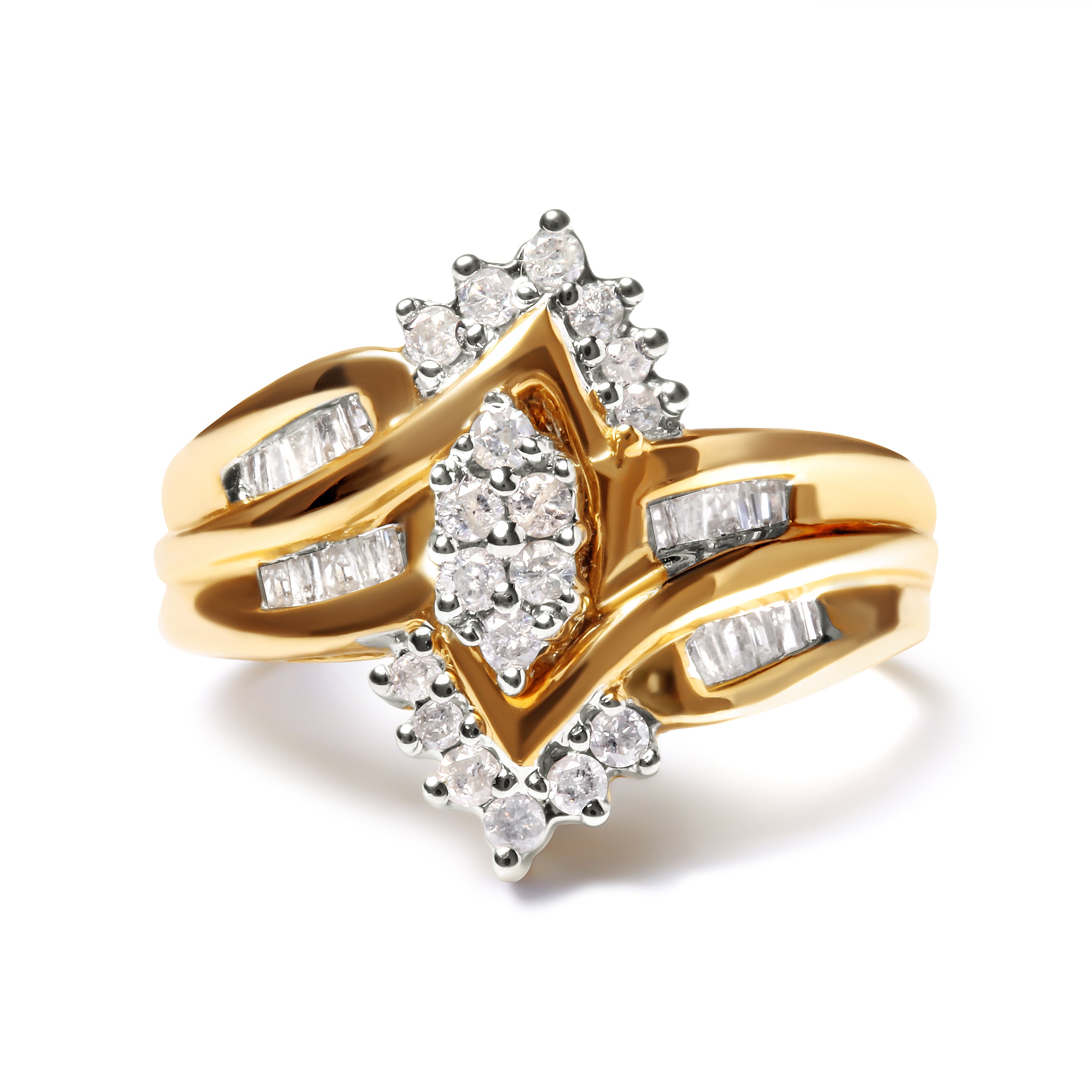Haus of Brilliance 10K Two-Toned 1/2 Cttw Round And Baguette-Cut Composite Pear Head Diamond Ring (H-I Color, I2-I3 Clarity) - Ring Size 7