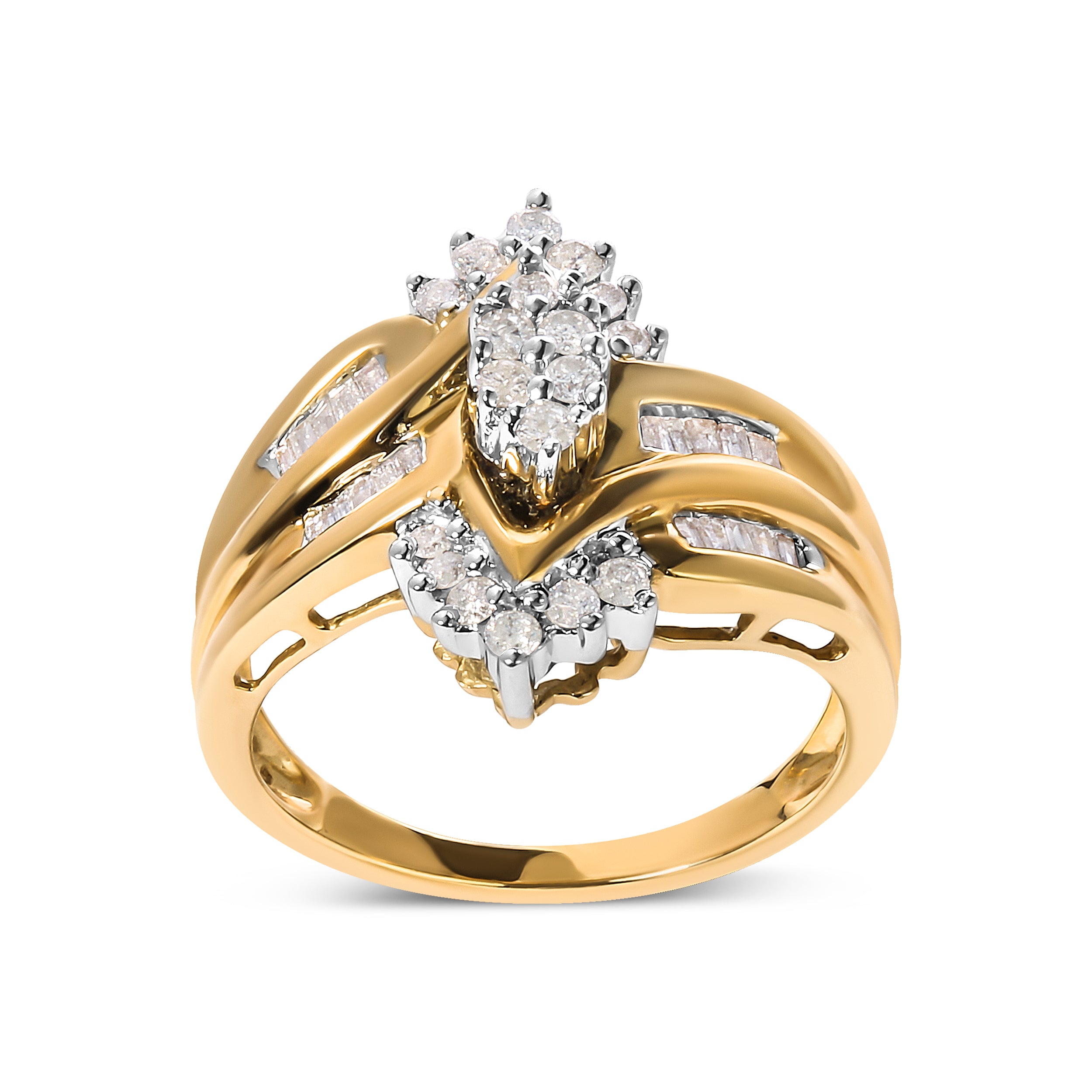 Haus of Brilliance 10K Two-Toned 1/2 Cttw Round And Baguette-Cut Composite Pear Head Diamond Ring (H-I Color, I2-I3 Clarity) - Ring Size 7