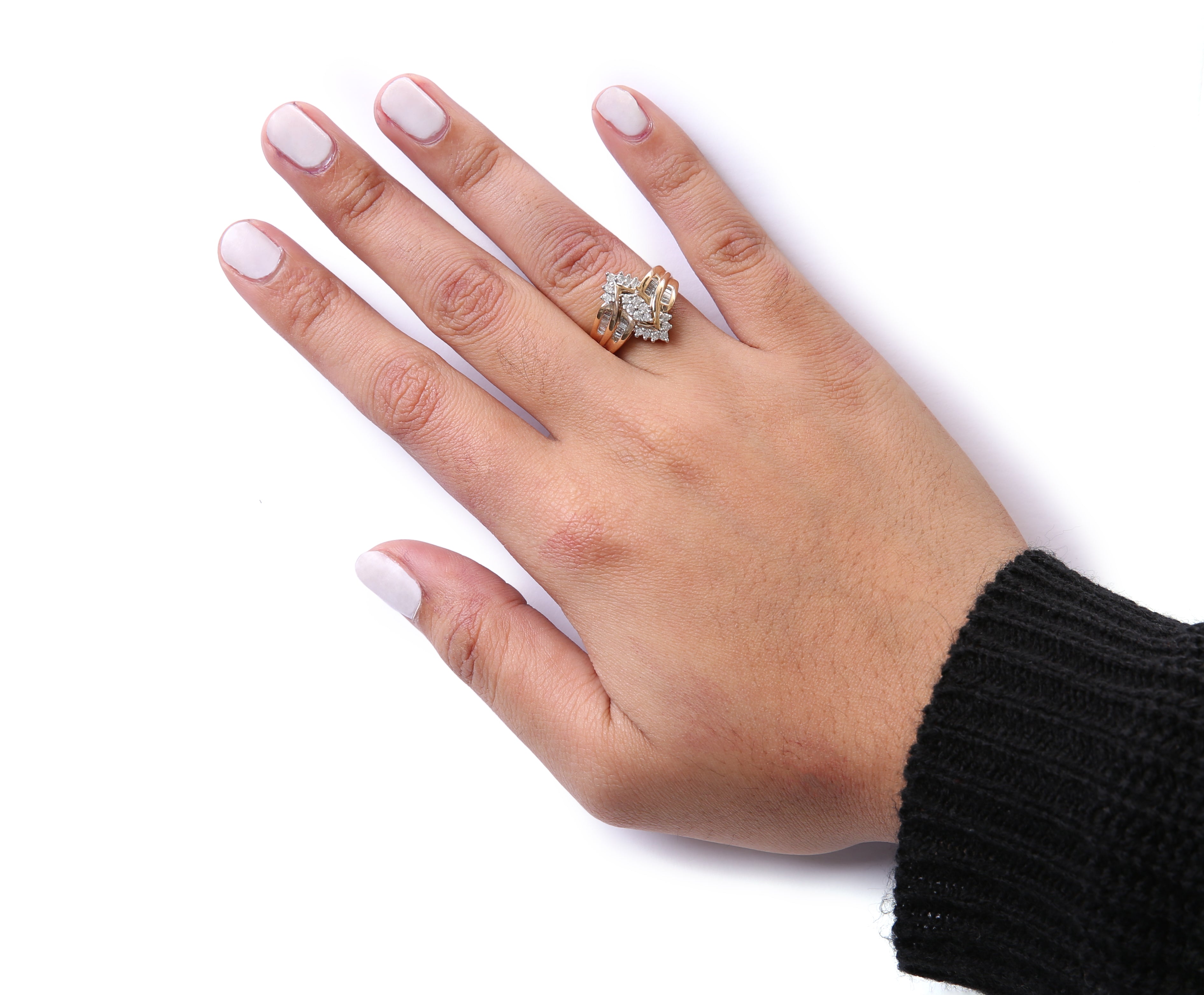 Haus of Brilliance 10K Two-Toned 1/2 Cttw Round And Baguette-Cut Composite Pear Head Diamond Ring (H-I Color, I2-I3 Clarity) - Ring Size 7