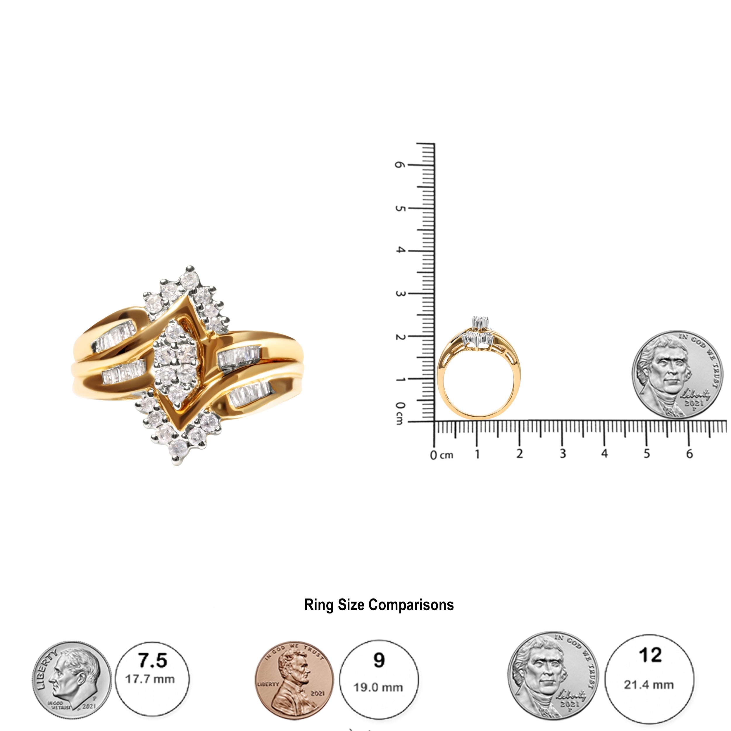 Haus of Brilliance 10K Two-Toned 1/2 Cttw Round And Baguette-Cut Composite Pear Head Diamond Ring (H-I Color, I2-I3 Clarity) - Ring Size 7