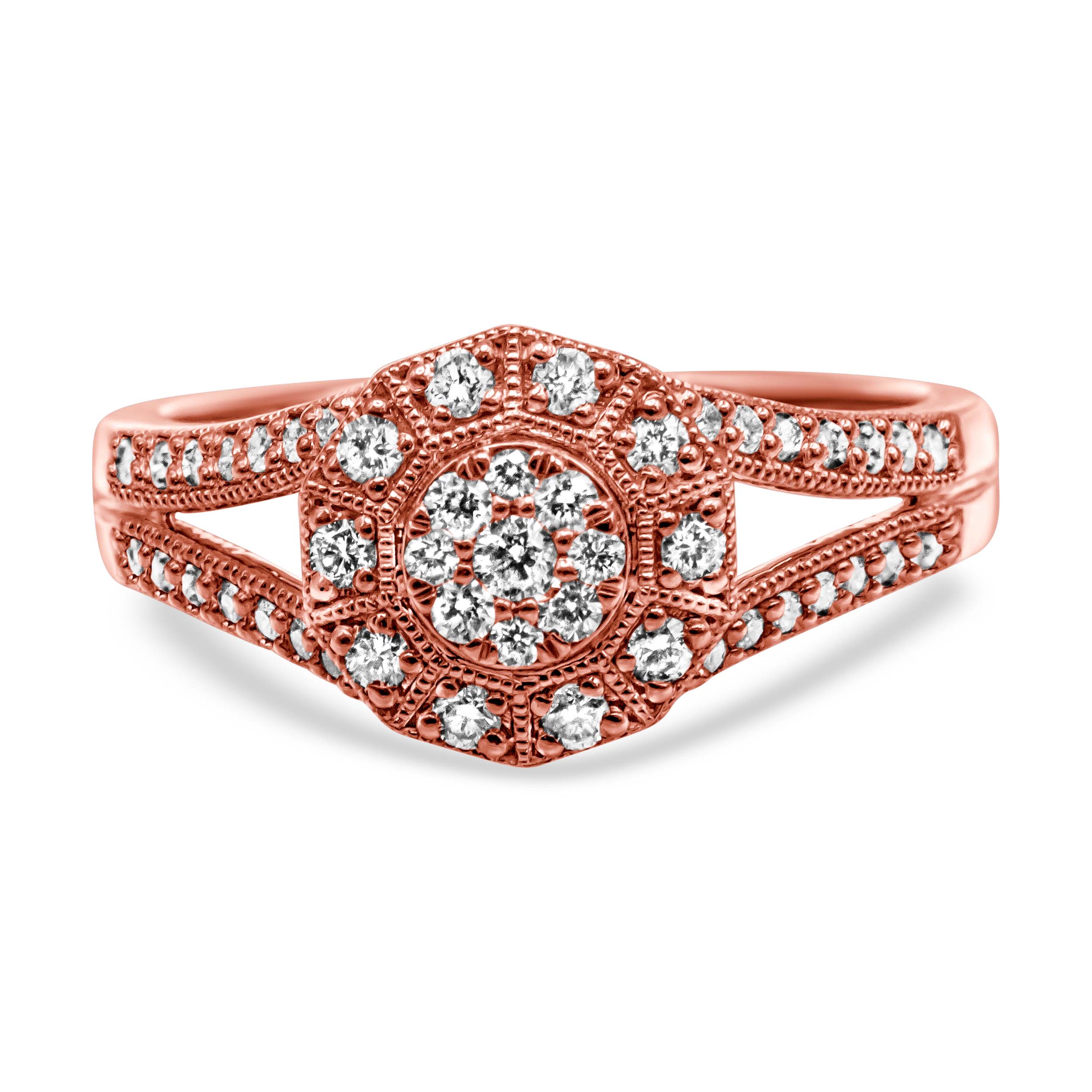 Haus of Brilliance 14K Rose Gold Plated .925 Sterling Silver 1/2 Cttw Pave Diamond Halo Cluster Split Shank Cocktail Ring (I-J Color, I1-I2 Clarity) - Size 9