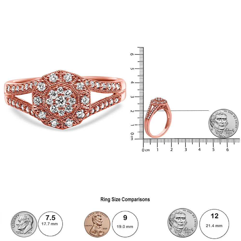 Haus of Brilliance 14K Rose Gold Plated .925 Sterling Silver 1/2 Cttw Pave Diamond Halo Cluster Split Shank Cocktail Ring (I-J Color, I1-I2 Clarity) - Size 9