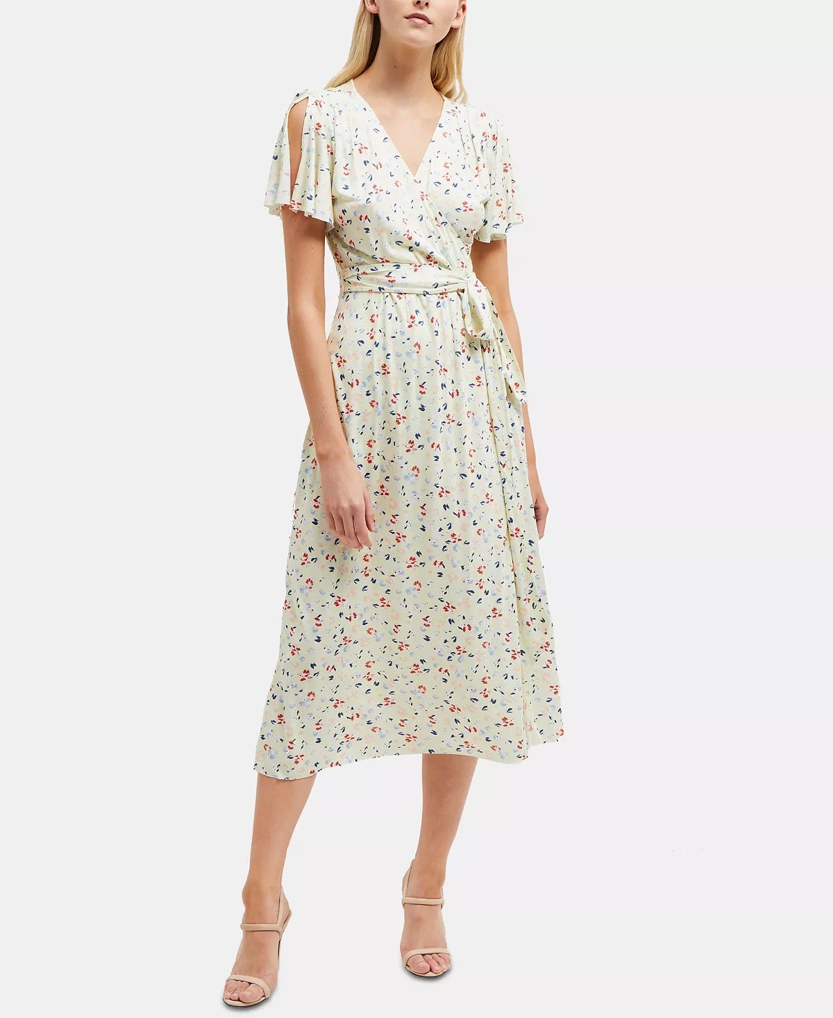 French Connection Short Sleeve V-Neck Wrap Floral Midi Dress