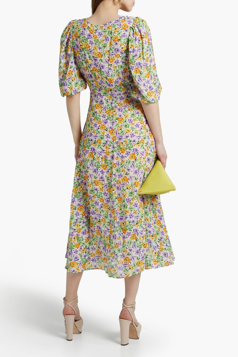 NICHOLAS Danielle Lace-Up Ruched Floral-Print Crepe Midi Dress Pink Us