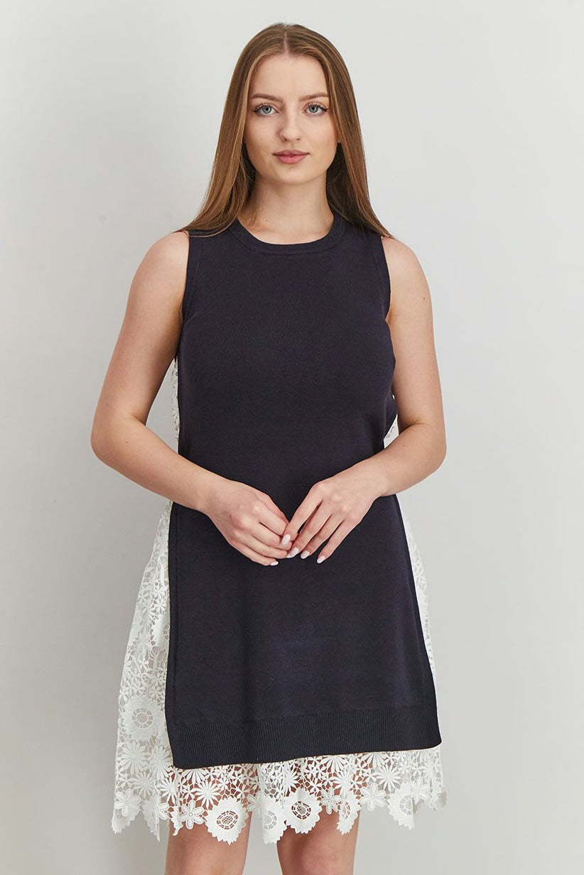 French Connection Sleeveless Side-Tie Lace Insert Knit Dress