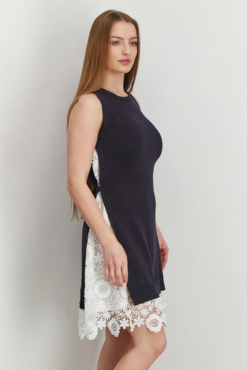 French Connection Sleeveless Side-Tie Lace Insert Knit Dress
