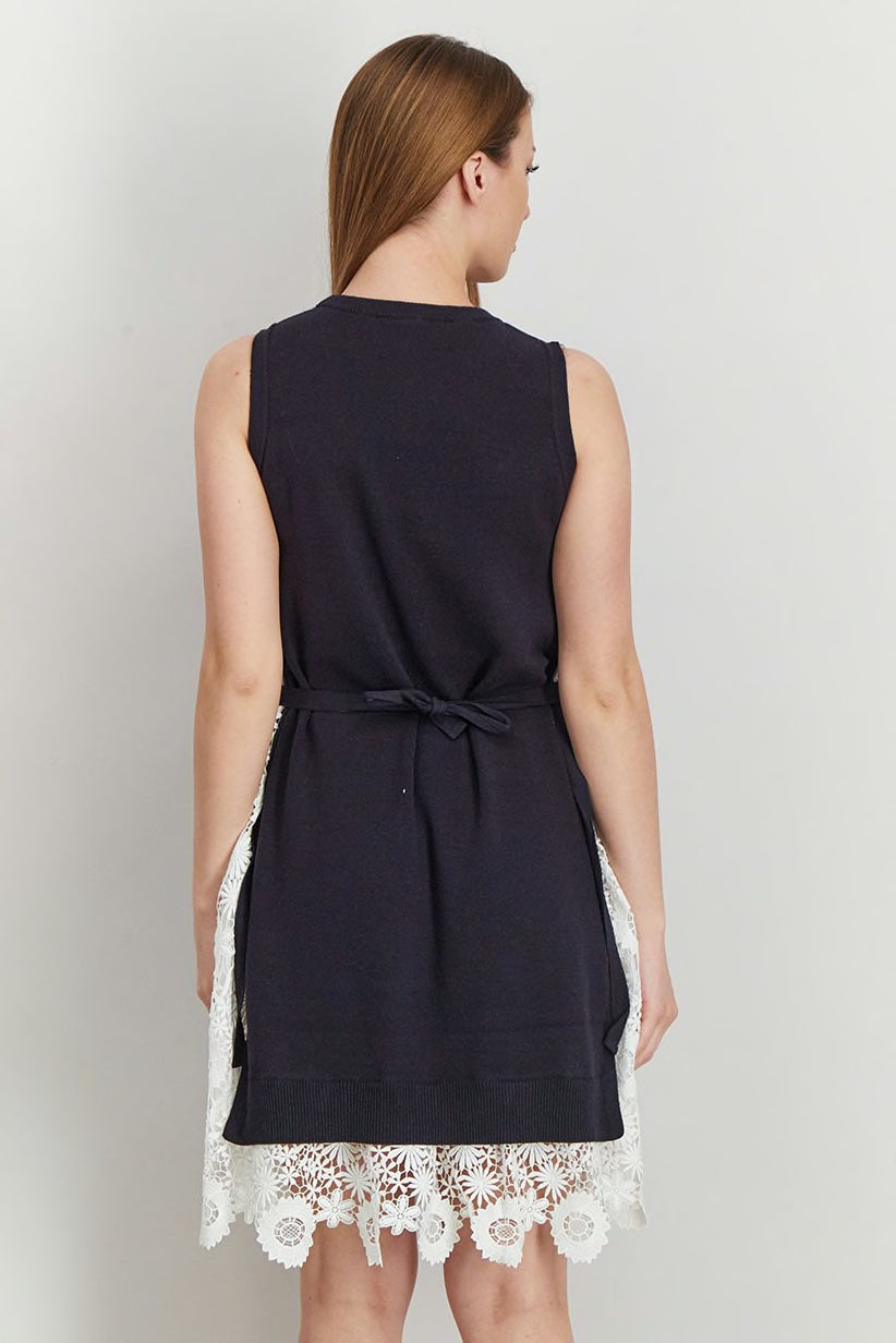 French Connection Sleeveless Side-Tie Lace Insert Knit Dress