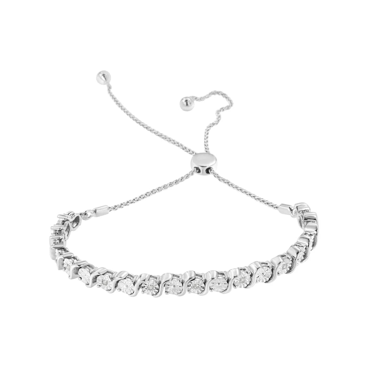 Haus of Brilliance .925 Sterling Silver 1/10 Cttw Diamond Miracle Plate in Bypass Style "S" Links Adjustable Bolo Bracelet (I-J Color, I2-I3 Clarity) - 6”-10”