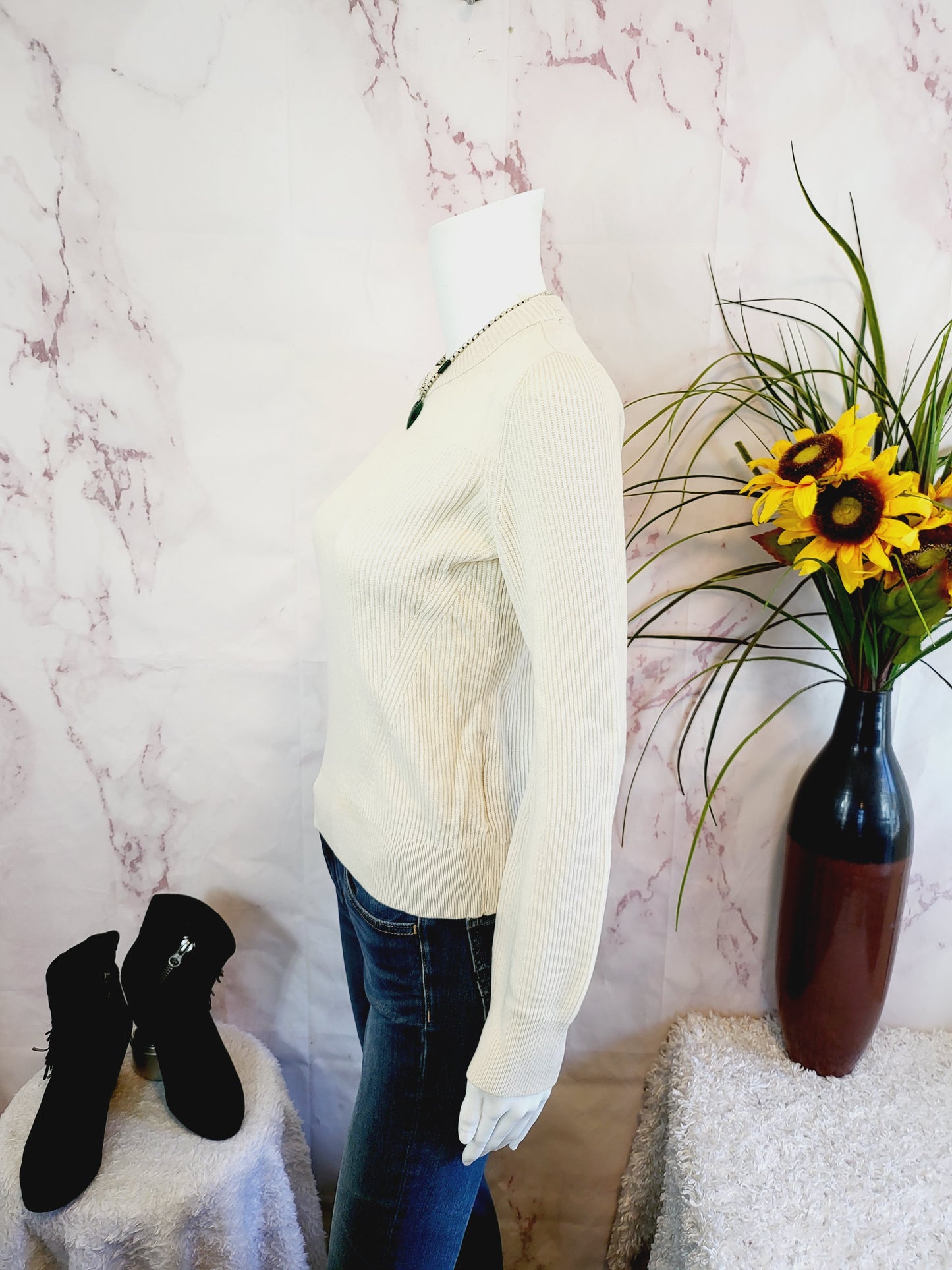 Rag & Bone Long Sleeve Rib-Knit Cropped Cashmere Sweater - /White - S