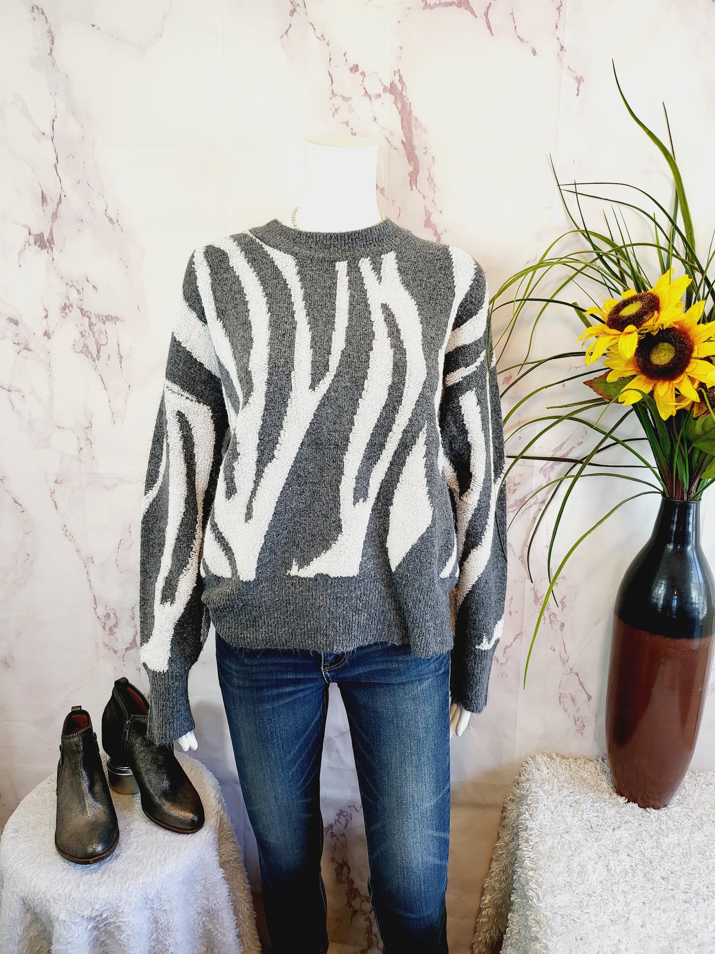 Michael Stars Maddie Jacquard Sweater - Animal - Gray Multi/Charcoal Combo - S