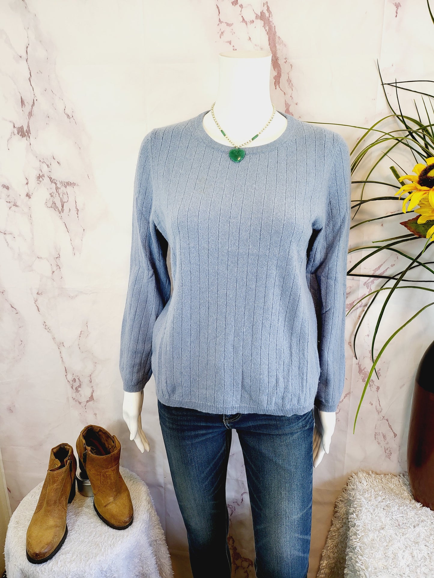 White + Warren Cashmere Ribbed Slim Crew Neck - /Blue - L