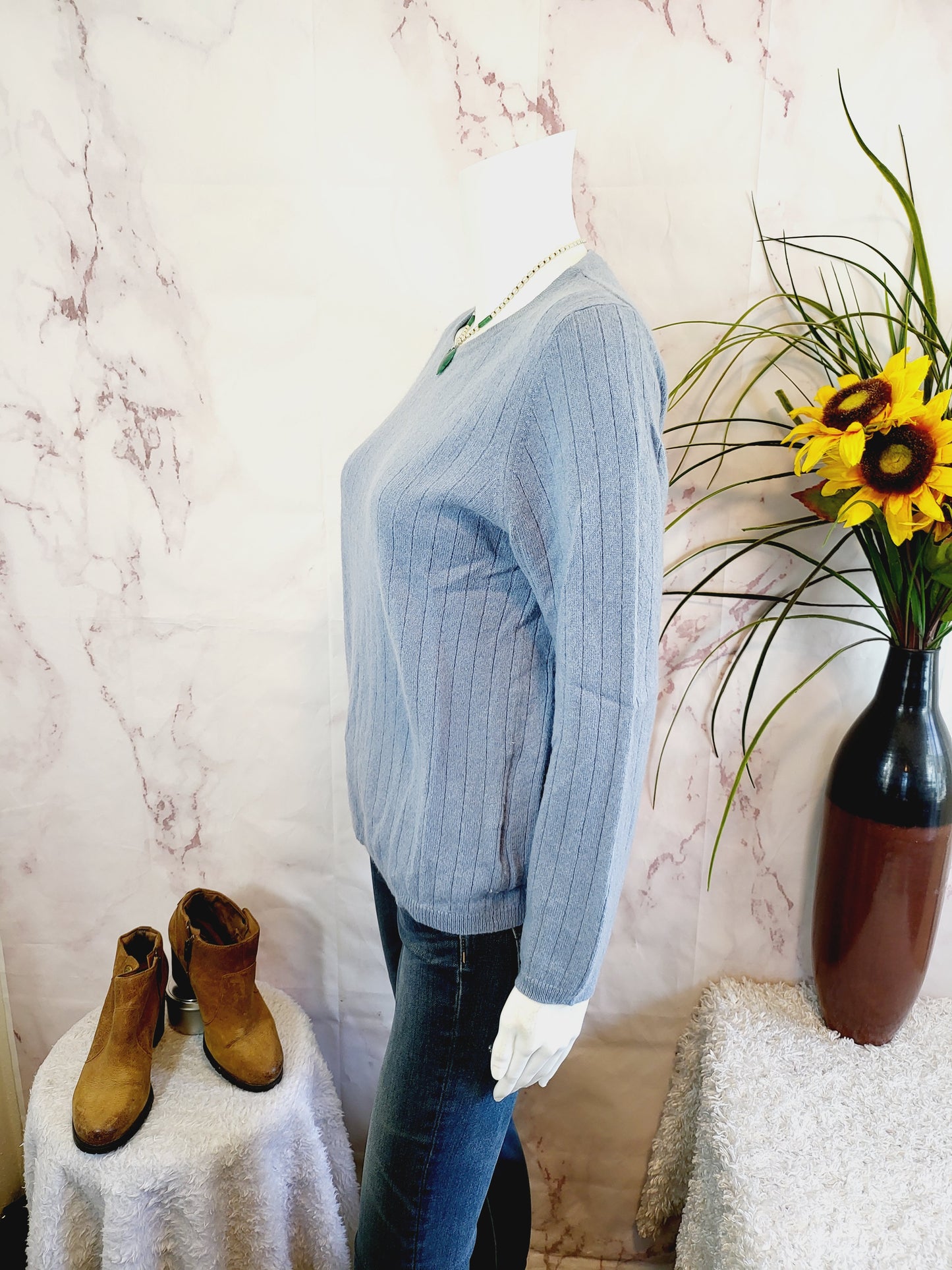 White + Warren Cashmere Ribbed Slim Crew Neck - /Blue - L