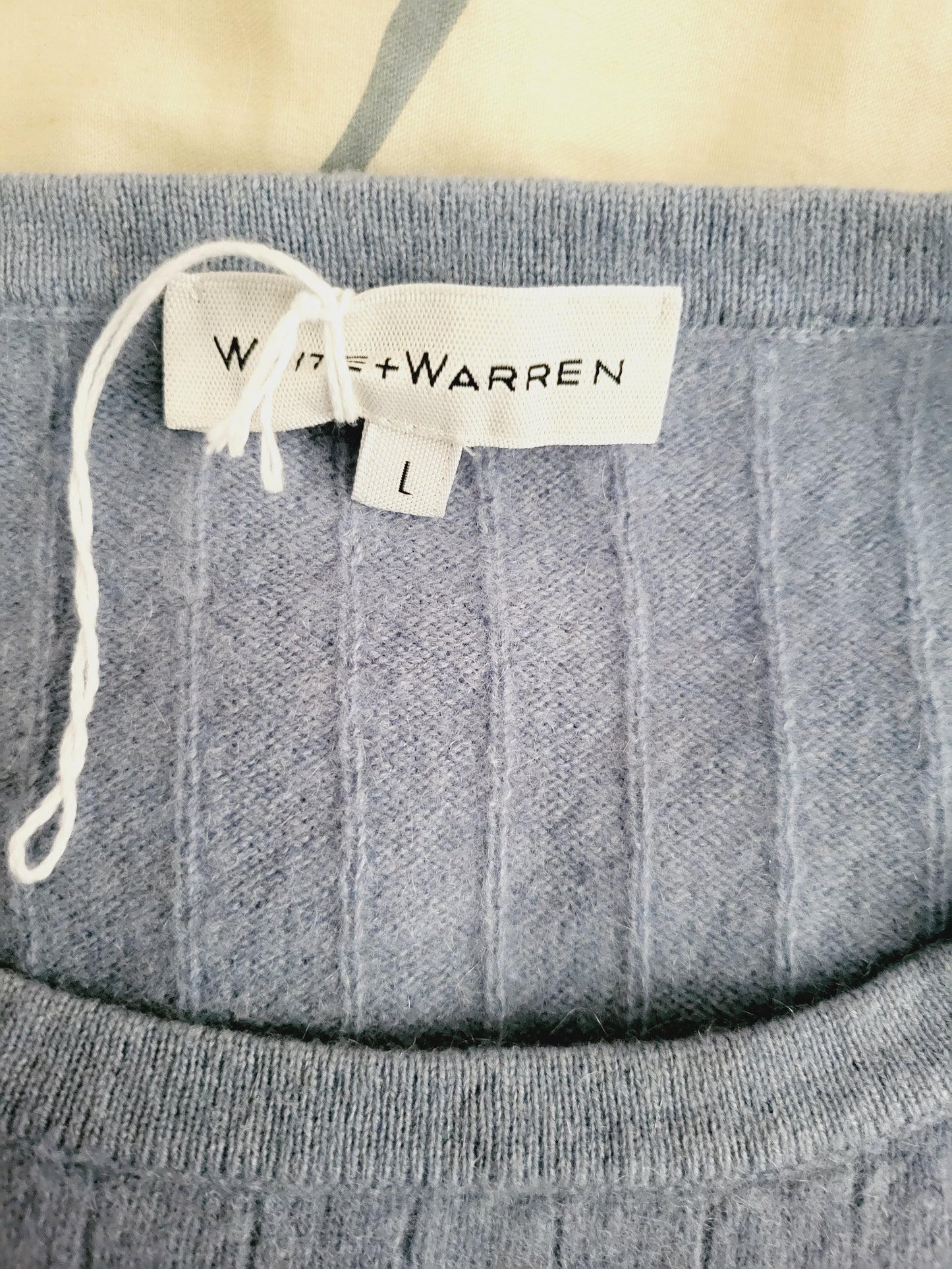 White + Warren Cashmere Ribbed Slim Crew Neck - /Blue - L