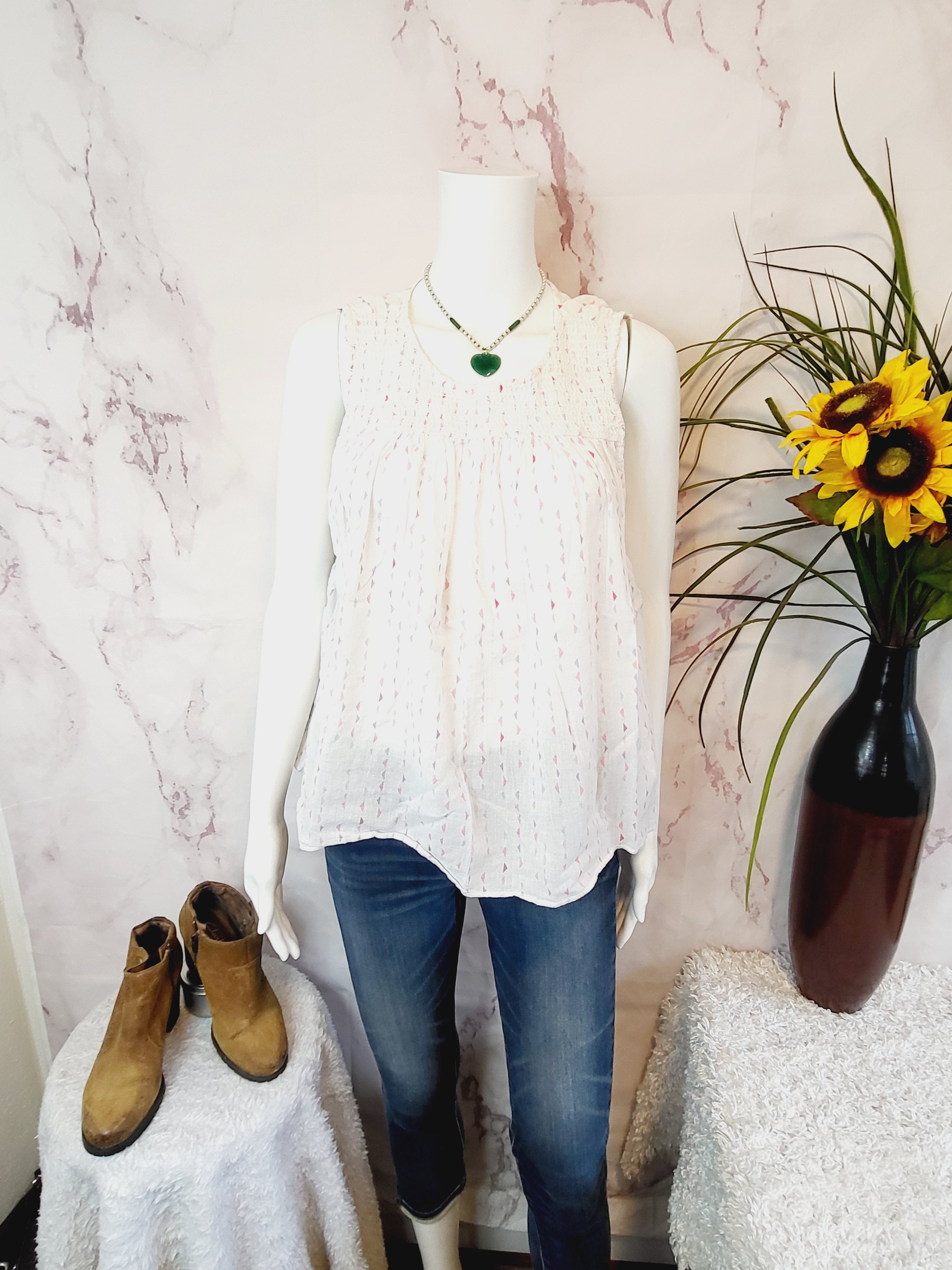 Lilla P High Crew Neck Smocked Tank Blouse - Geometric - Off White Multi/Triangle Print - L