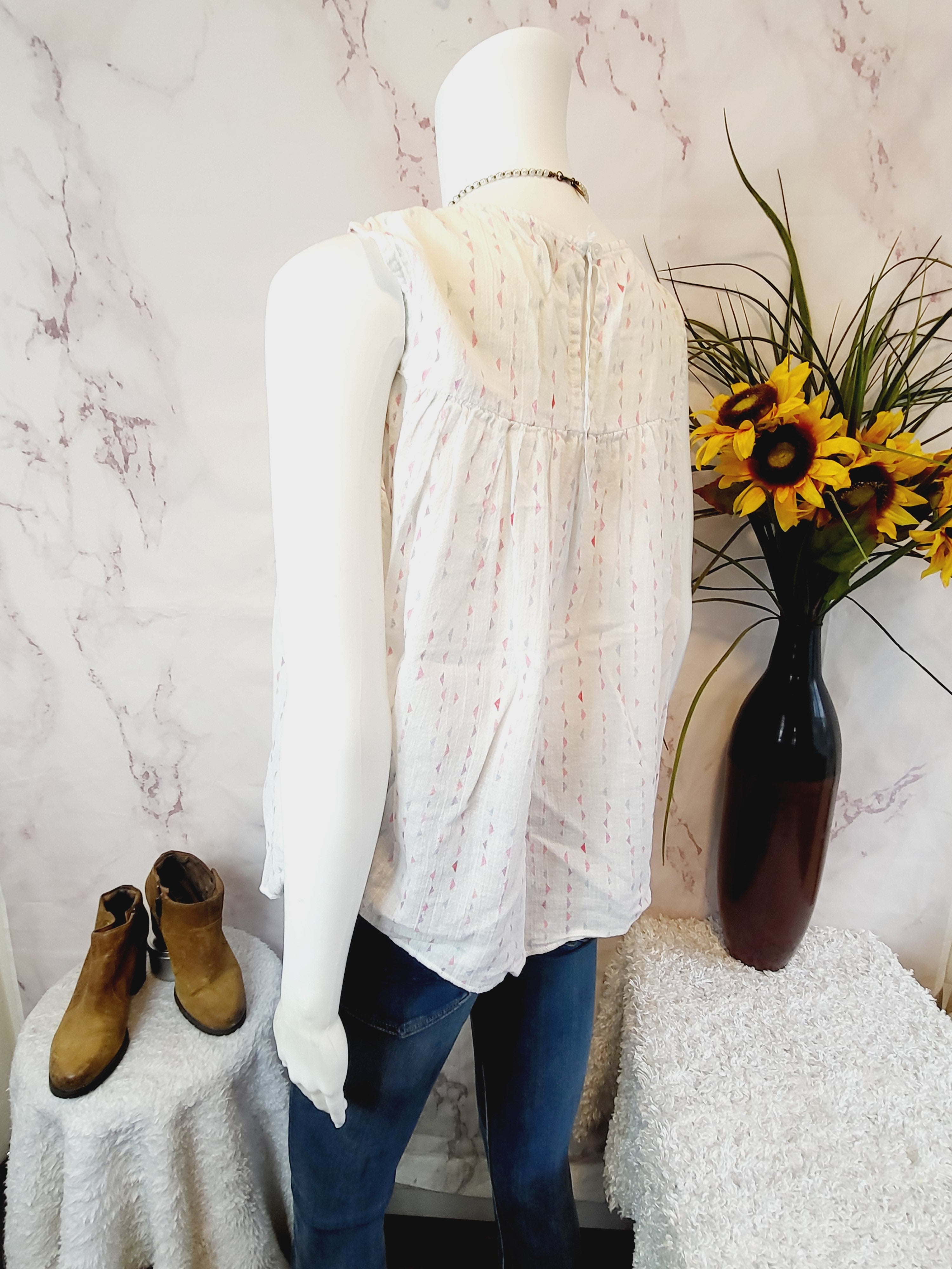 Lilla P High Crew Neck Smocked Tank Blouse - Geometric - Off White Multi/Triangle Print - L