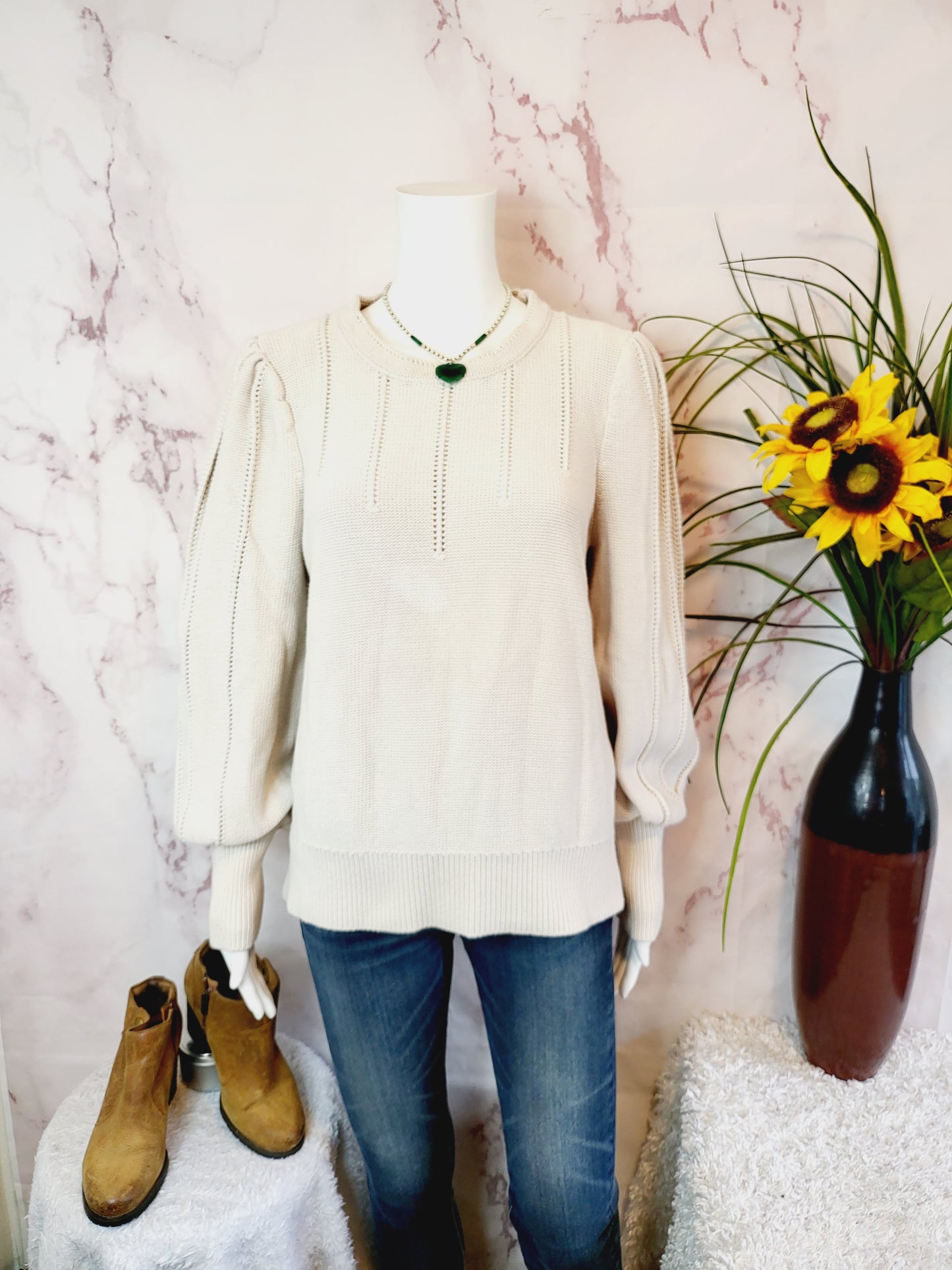 Lauren Ralph Lauren Reverse Jersey Stitch Puff Sleeve Sweater - XL