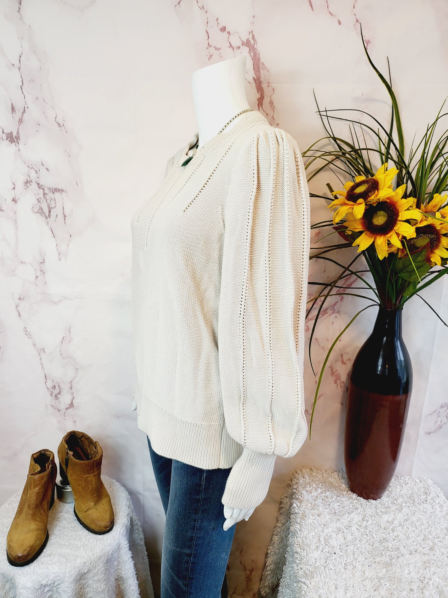 Lauren Ralph Lauren Reverse Jersey Stitch Puff Sleeve Sweater - XL
