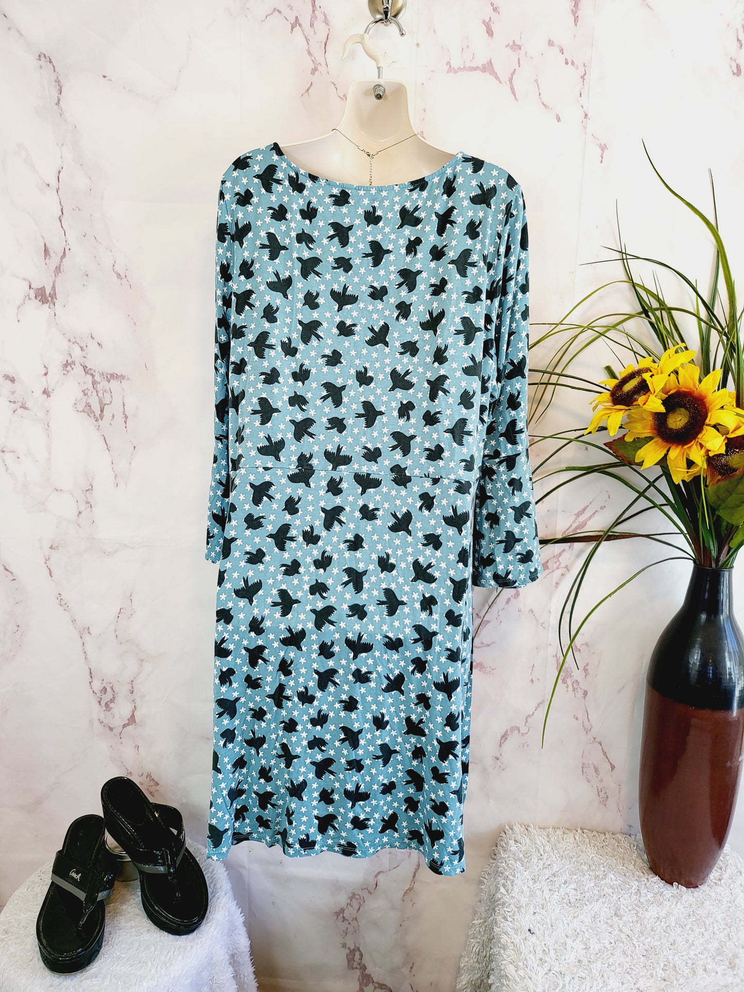 Boden 3/4 Sleeve Bird and Star Printed Dress - Abstract - Blue Multi - 16