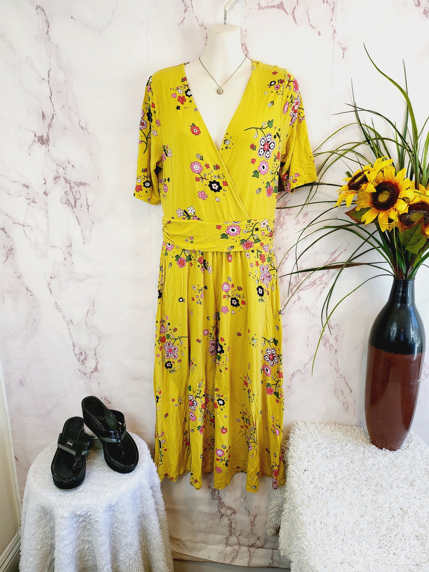 Boden Short Sleeve Faux Wrap Midi Dress - Floral - Yellow Multi/Saffron, Daydream - 10