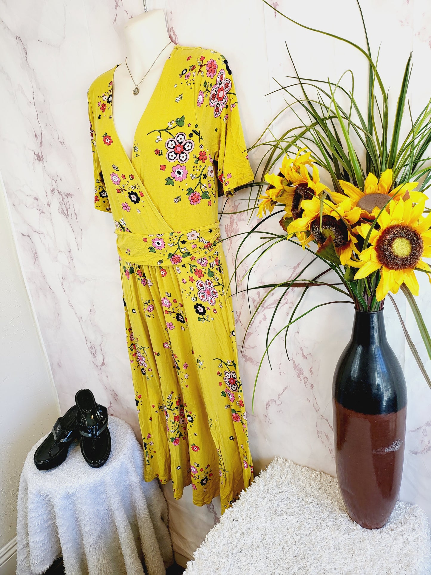 Boden Short Sleeve Faux Wrap Midi Dress - Floral - Yellow Multi/Saffron, Daydream - 10