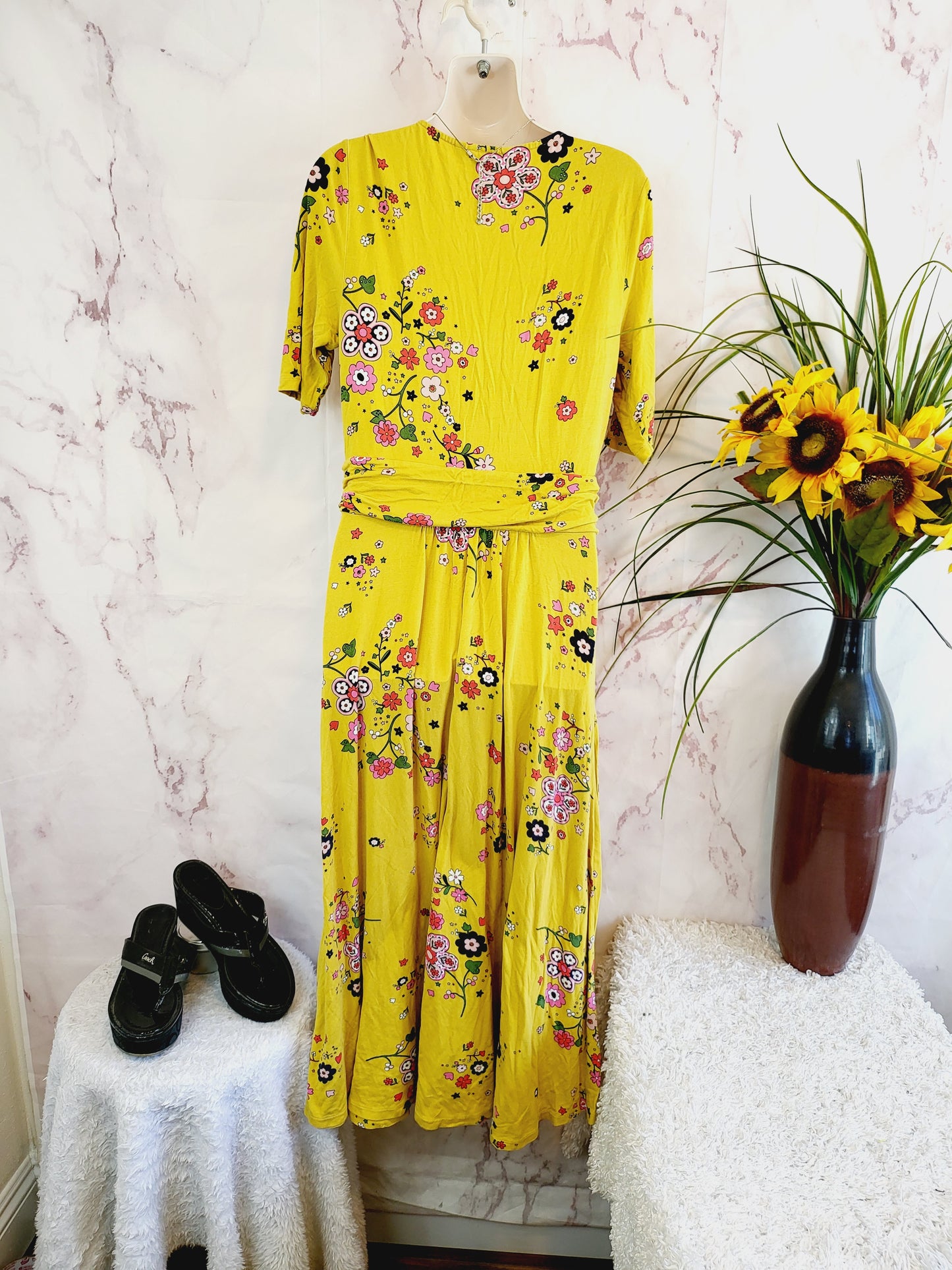 Boden Short Sleeve Faux Wrap Midi Dress - Floral - Yellow Multi/Saffron, Daydream - 10