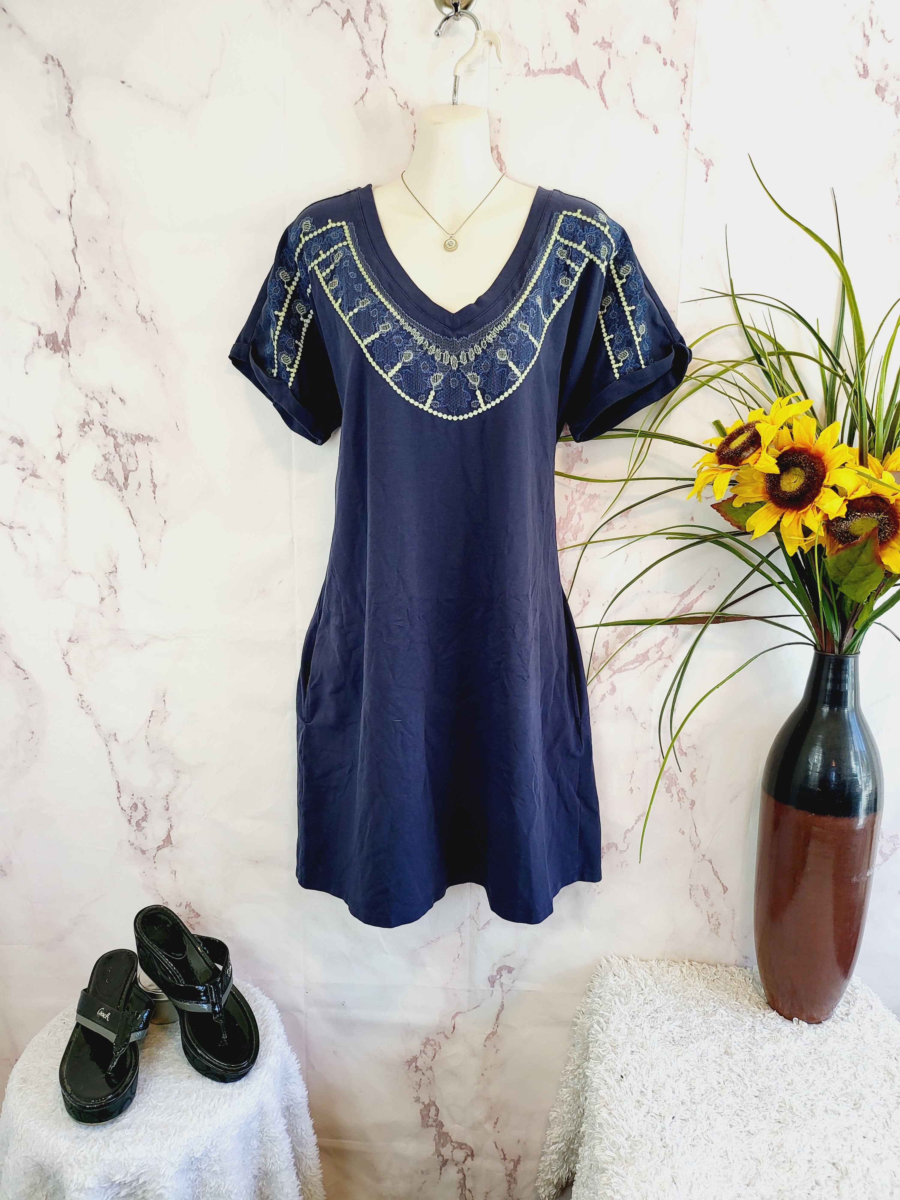 NIC+ZOE Pier Embroidered Shift Dress - /Navy Multi - L