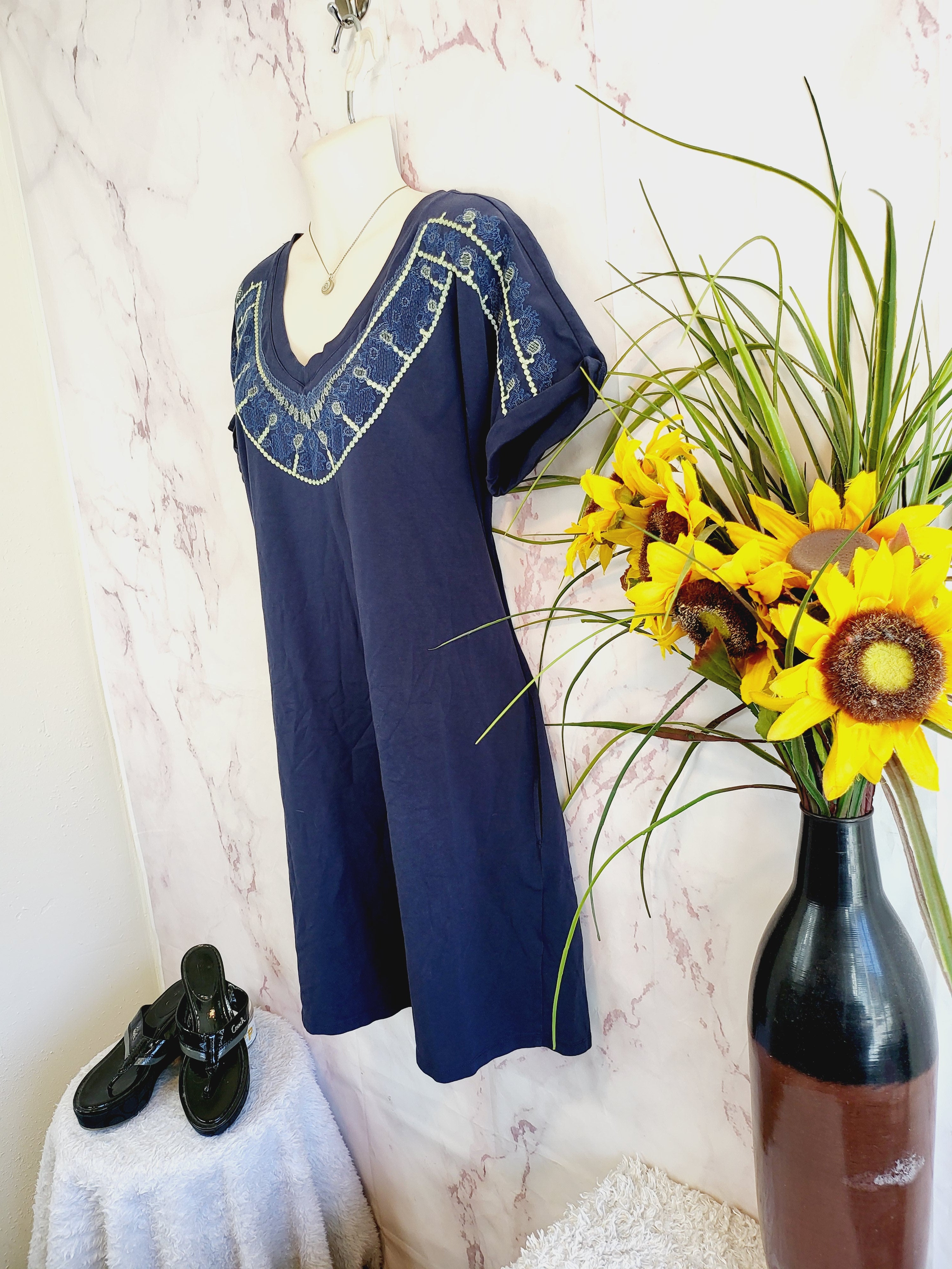 NIC+ZOE Pier Embroidered Shift Dress - /Navy Multi - L