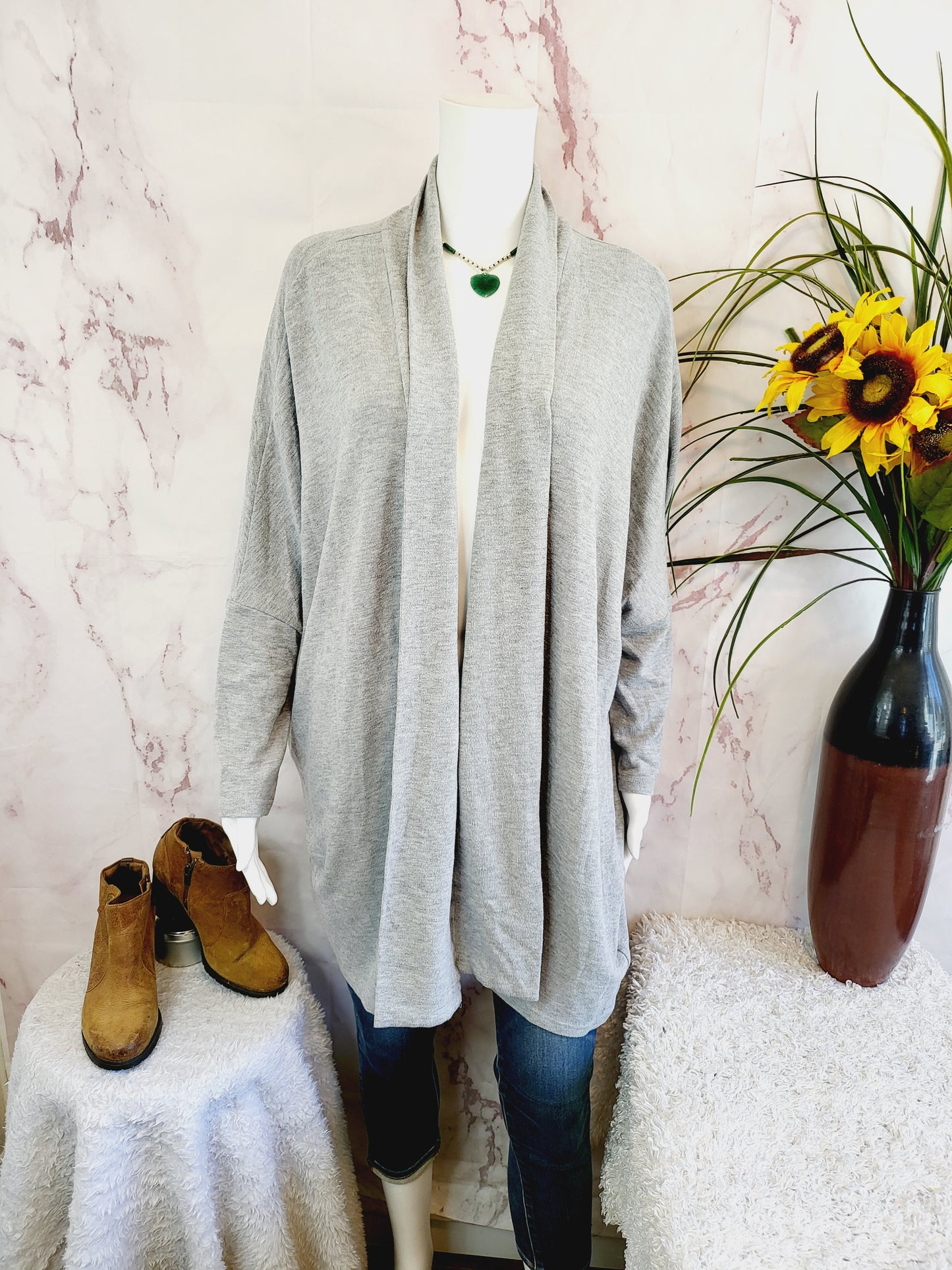 Cupcakes and Cashmere Open Front Draped Knit Cardigan Heathered Gray Oversized