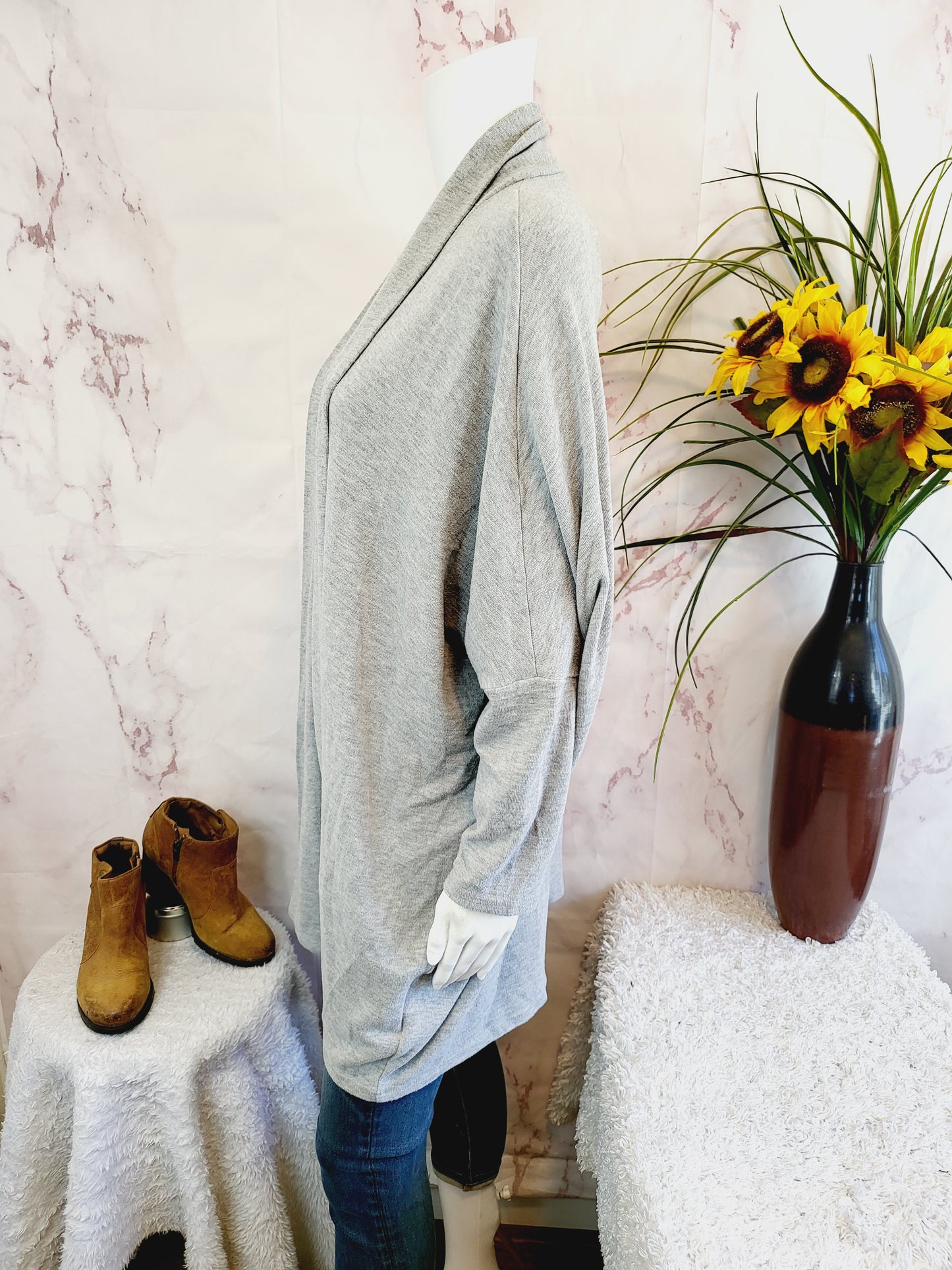 Cupcakes and Cashmere Open Front Draped Knit Cardigan Heathered Gray Oversized