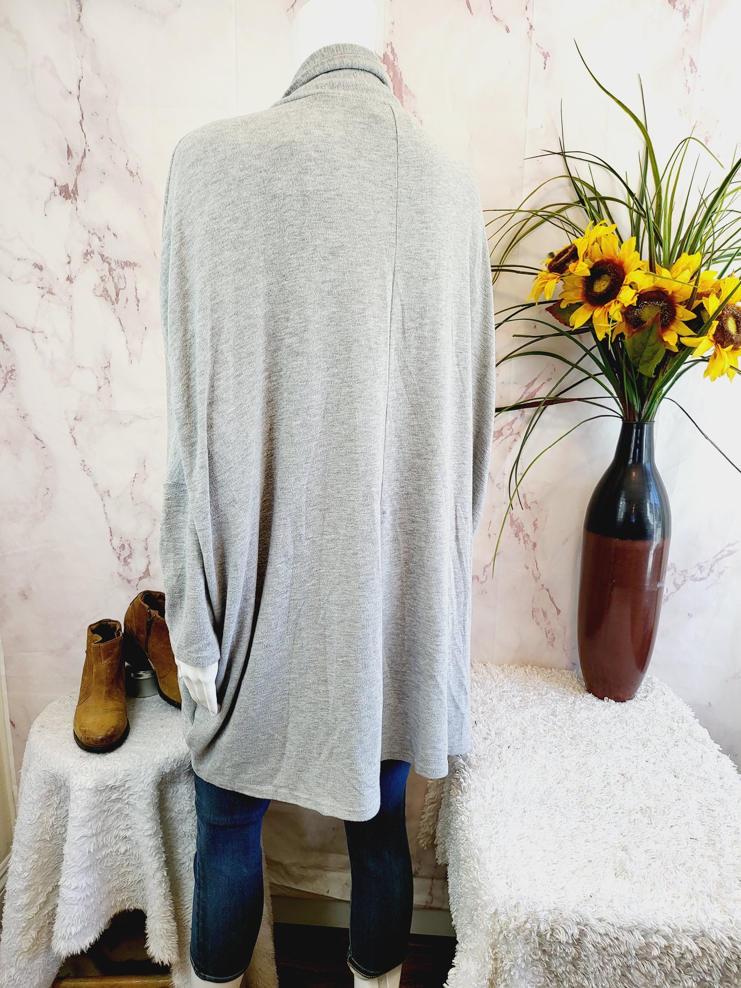 Cupcakes and Cashmere Open Front Draped Knit Cardigan Heathered Gray Oversized