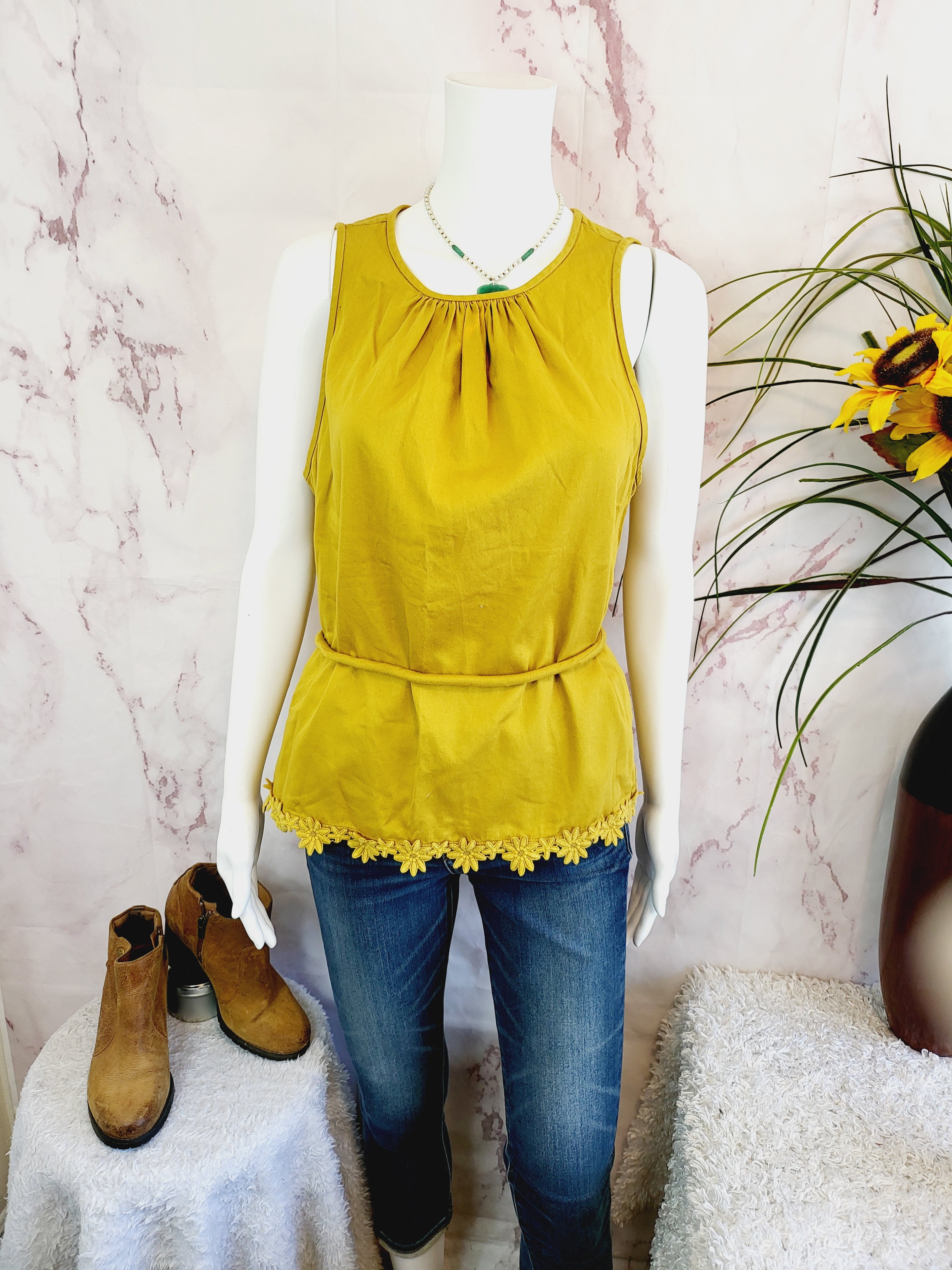 Trina Turk Mustard Gold Climate Top W/ Crochet Detail Hem