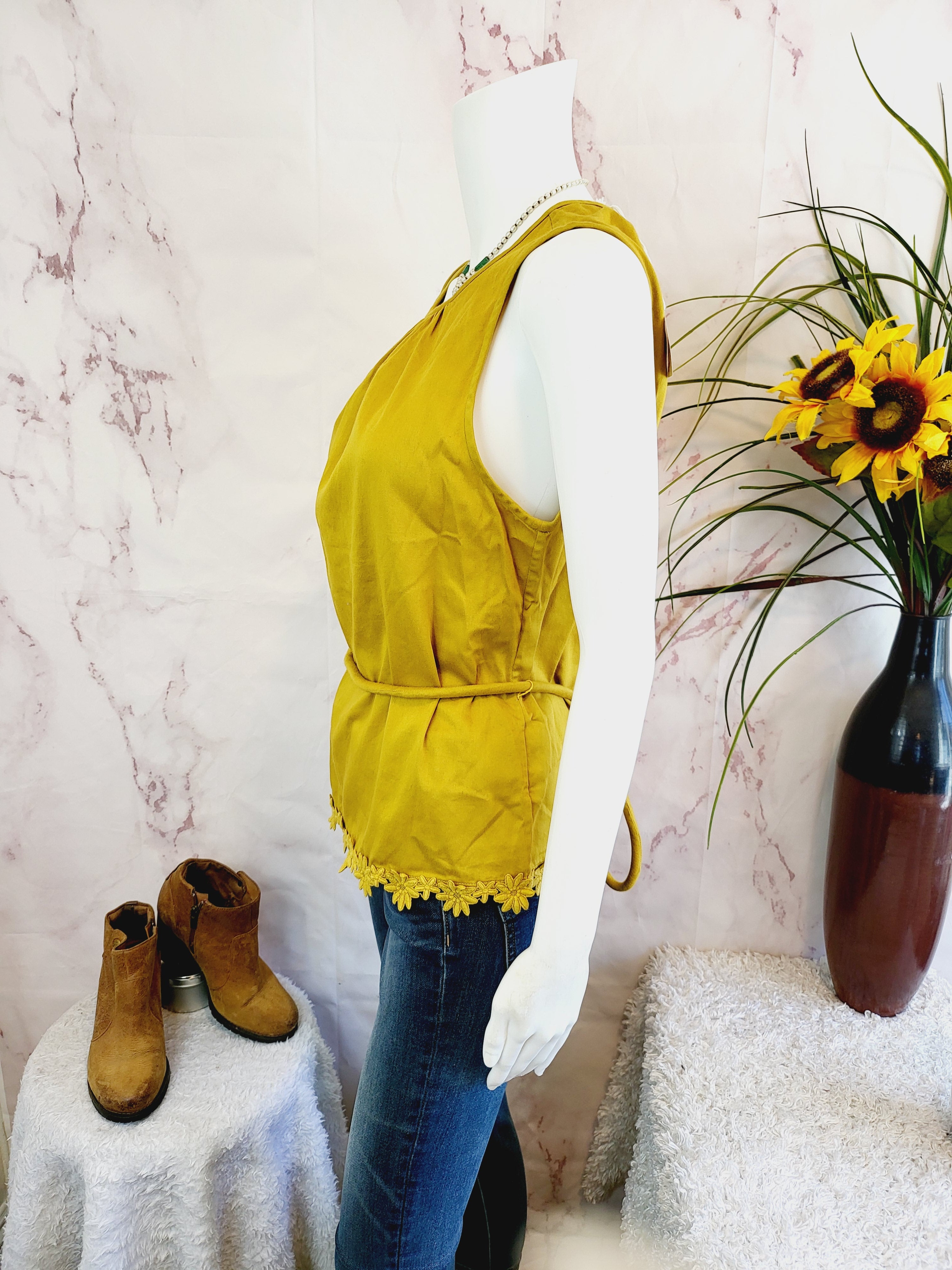 Trina Turk Mustard Gold Climate Top W/ Crochet Detail Hem