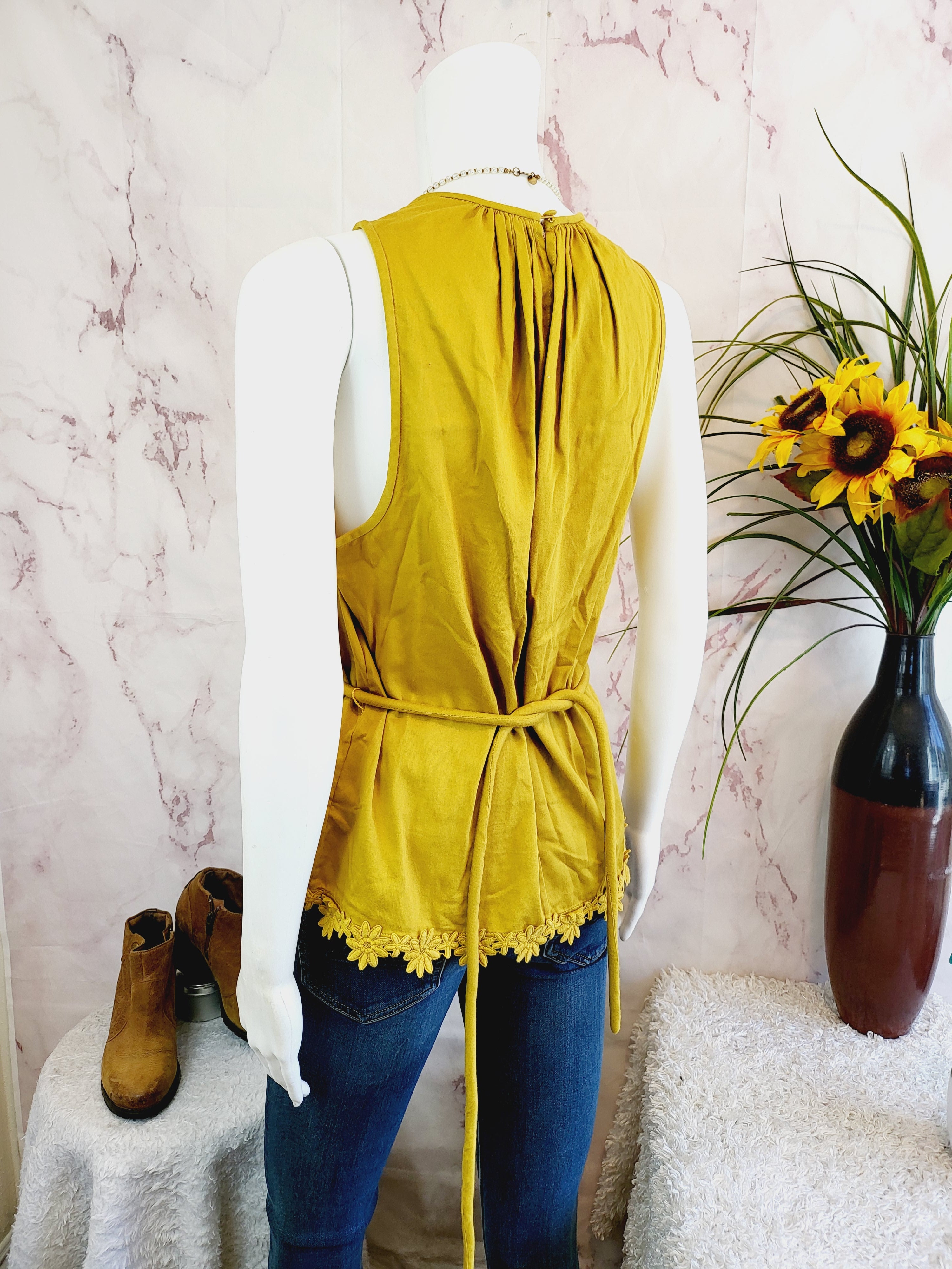 Trina Turk Mustard Gold Climate Top W/ Crochet Detail Hem