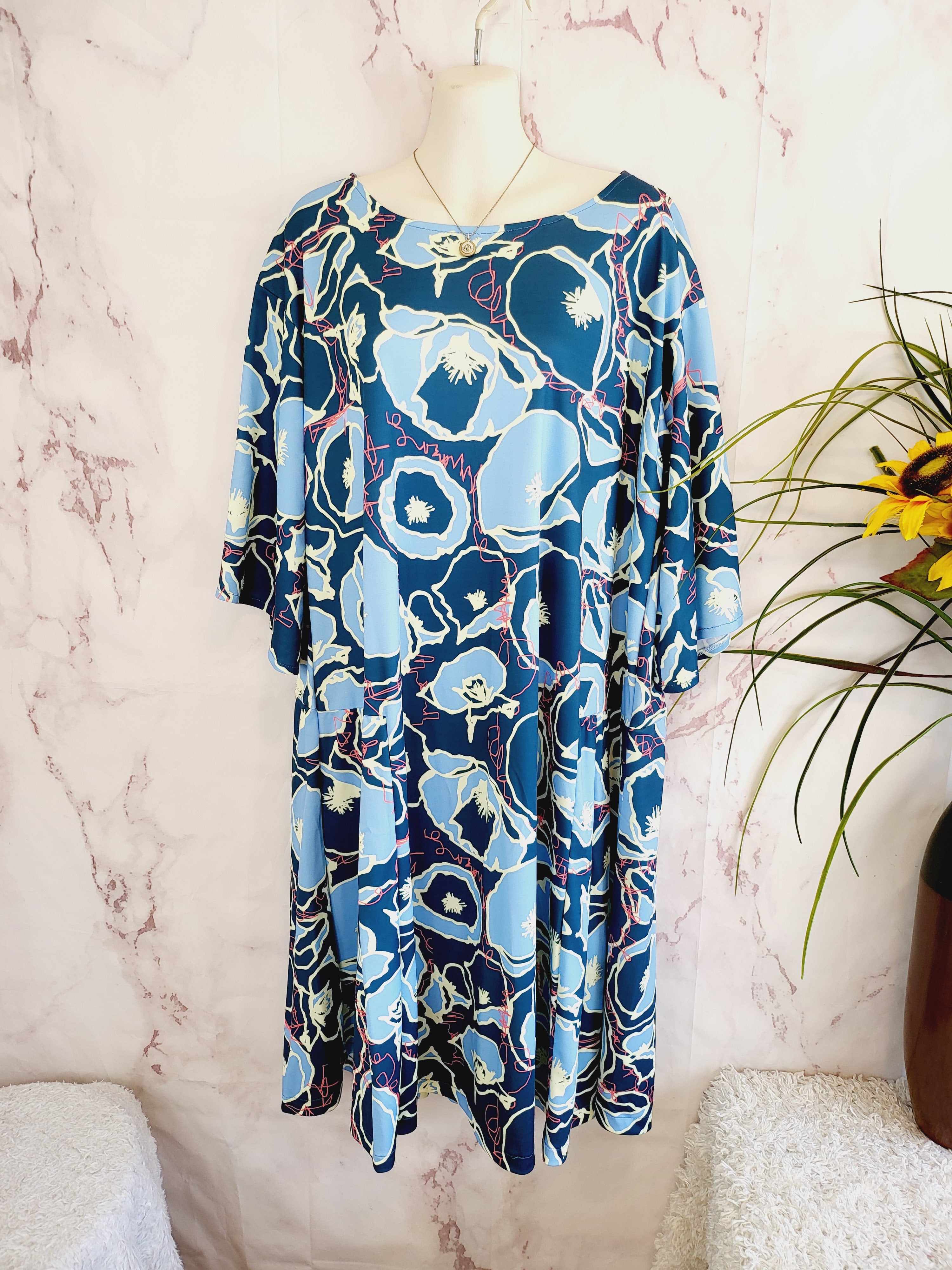 Poppyseed Maternity 3/4 Sleeve Adjustable Waist Floral Dress - Floral - Blue Multi