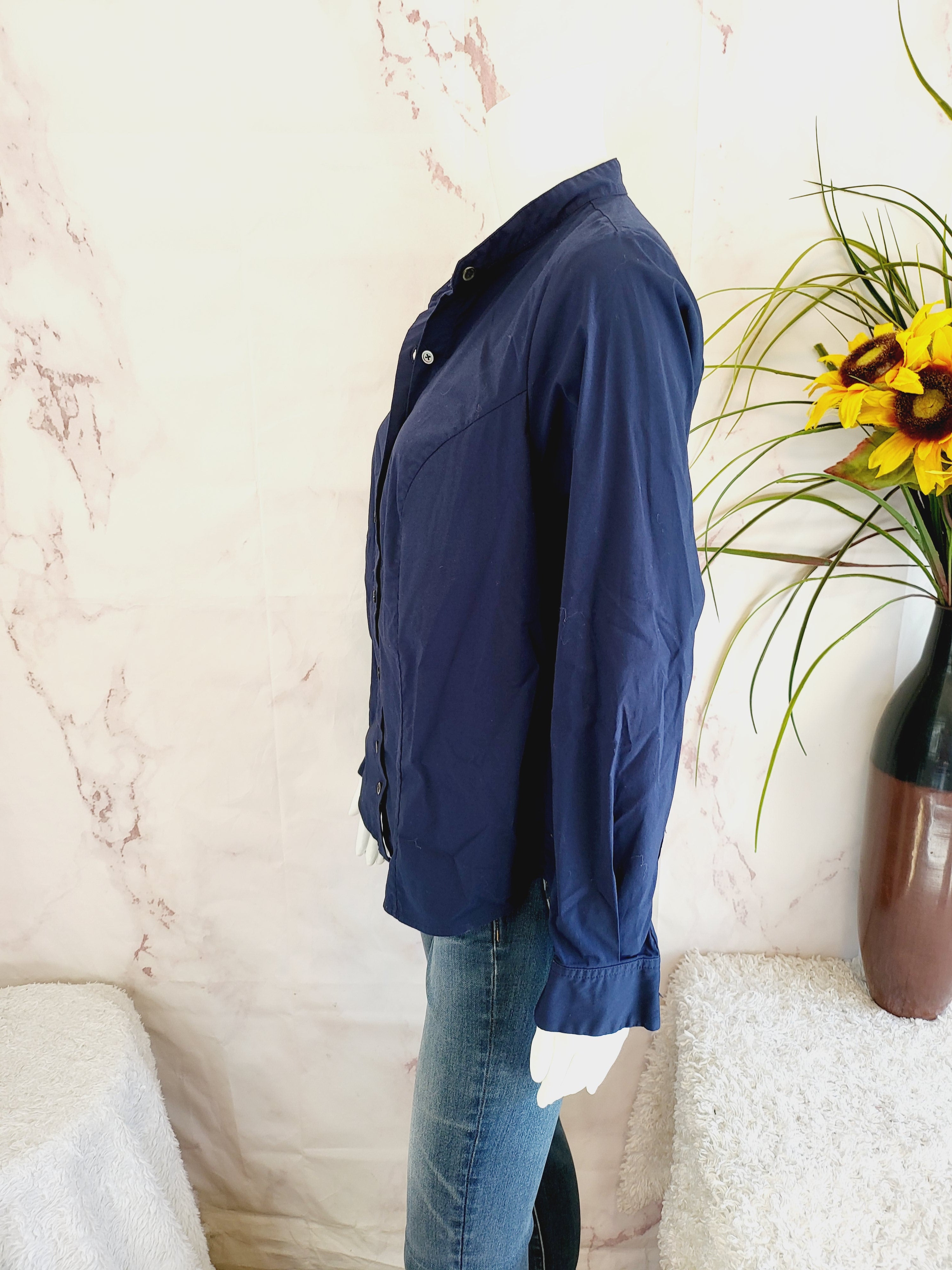 Pari Passu Mandarin Collar Button Up Shirt Fit B: "Curvier Body Type" - Navy