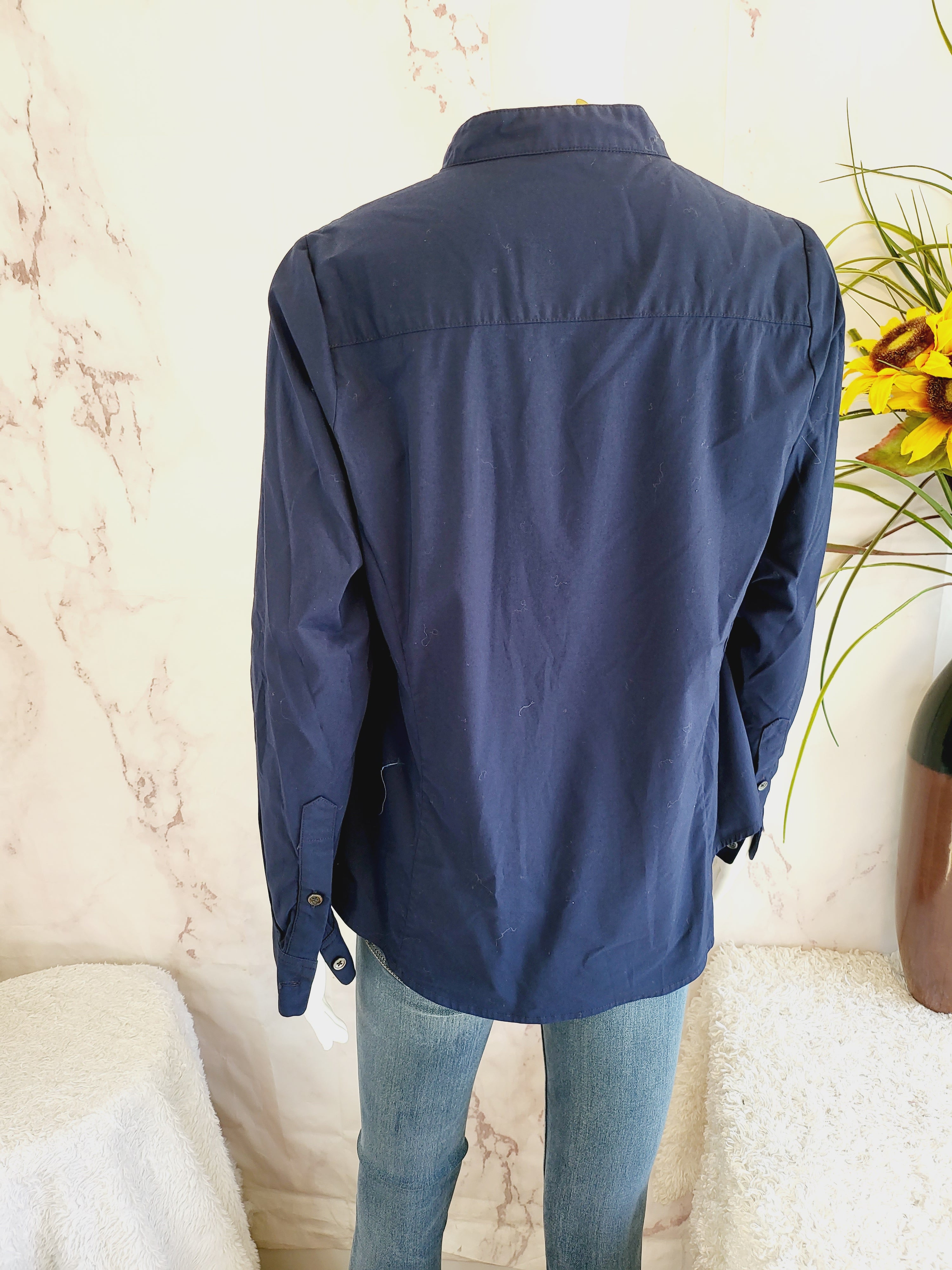 Pari Passu Mandarin Collar Button Up Shirt Fit B: "Curvier Body Type" - Navy