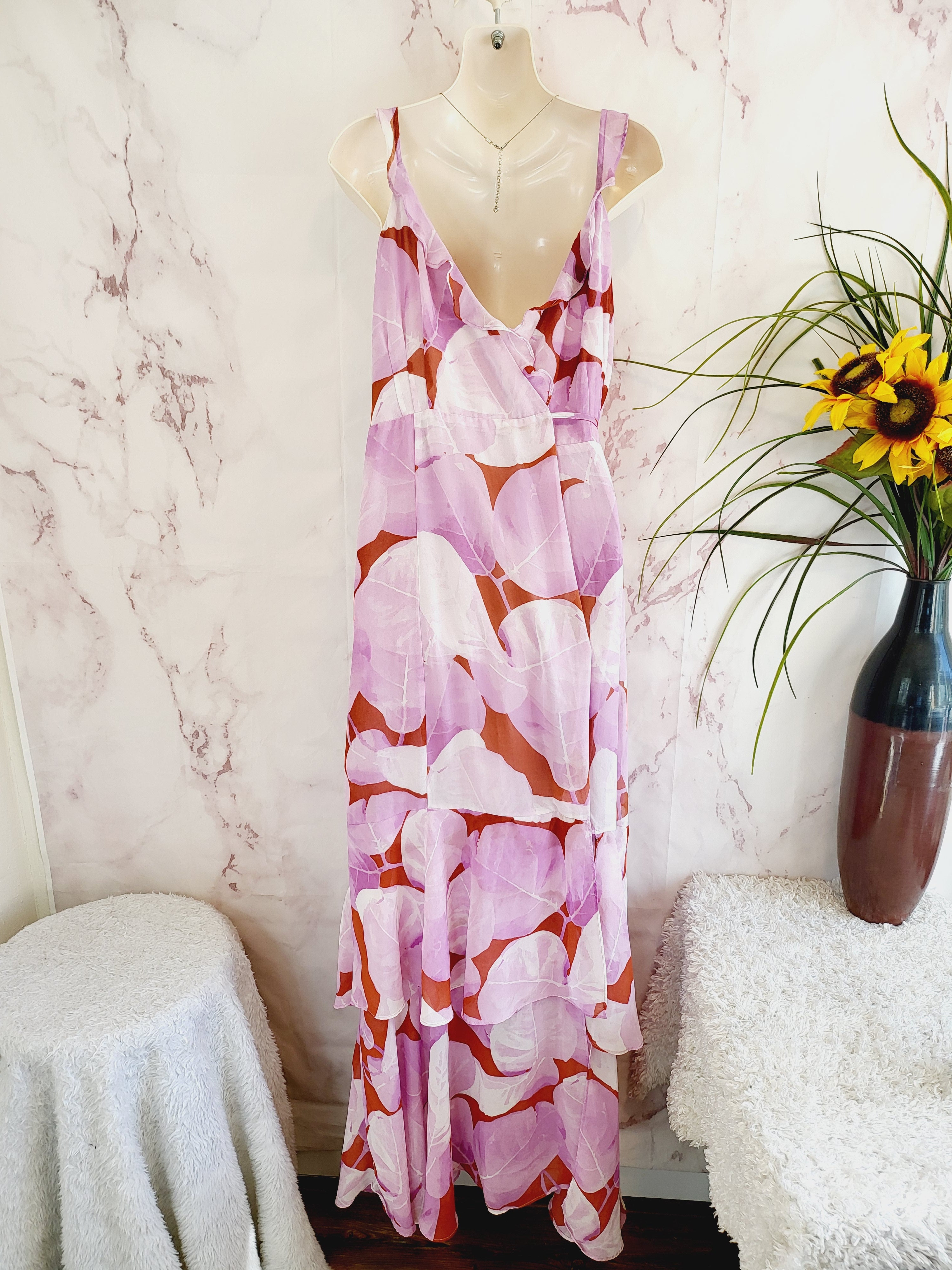 Hutch Sleeveless Georgia Wrap Maxi Dress - Floral - Pink Multi/Copper Neon Eucalyptus