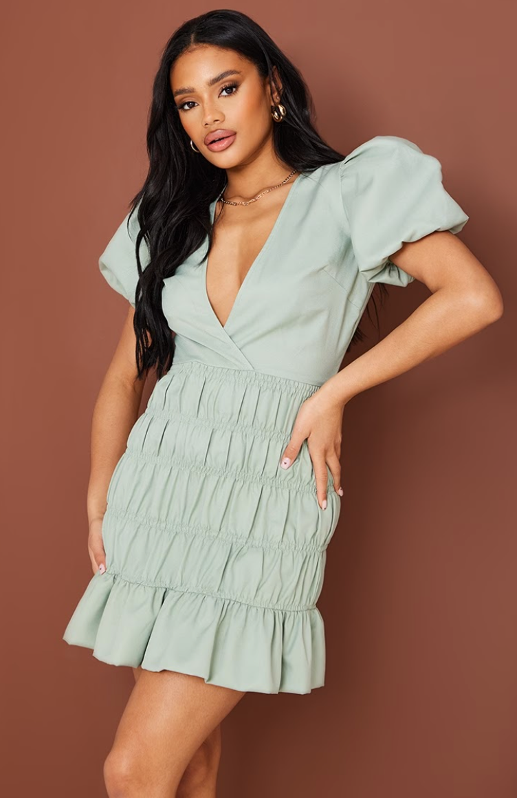 PrettyLittleThing Sage Puff Short Sleeve Linen Tiered Mini / XS