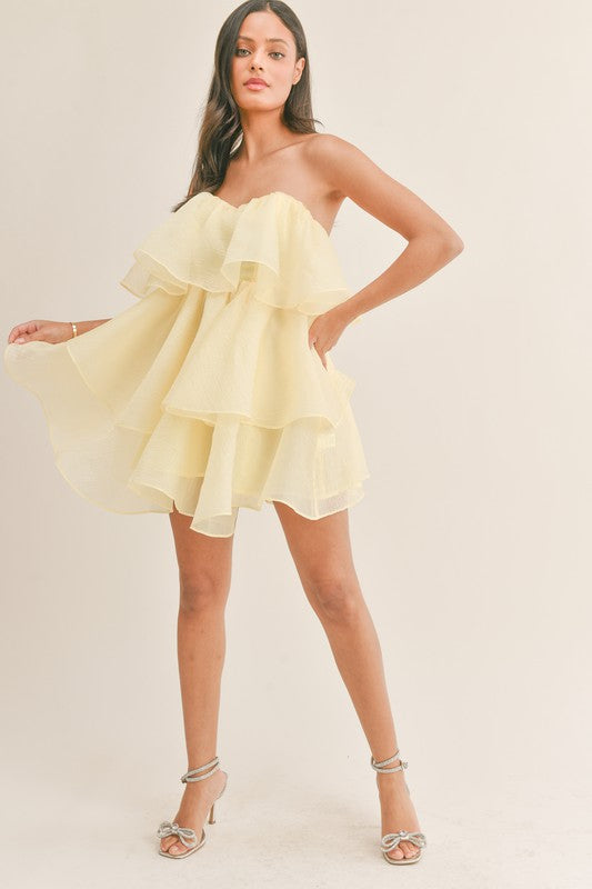 Klesis Yellow Strapless Tiered Ruffle Mini M / NWOT