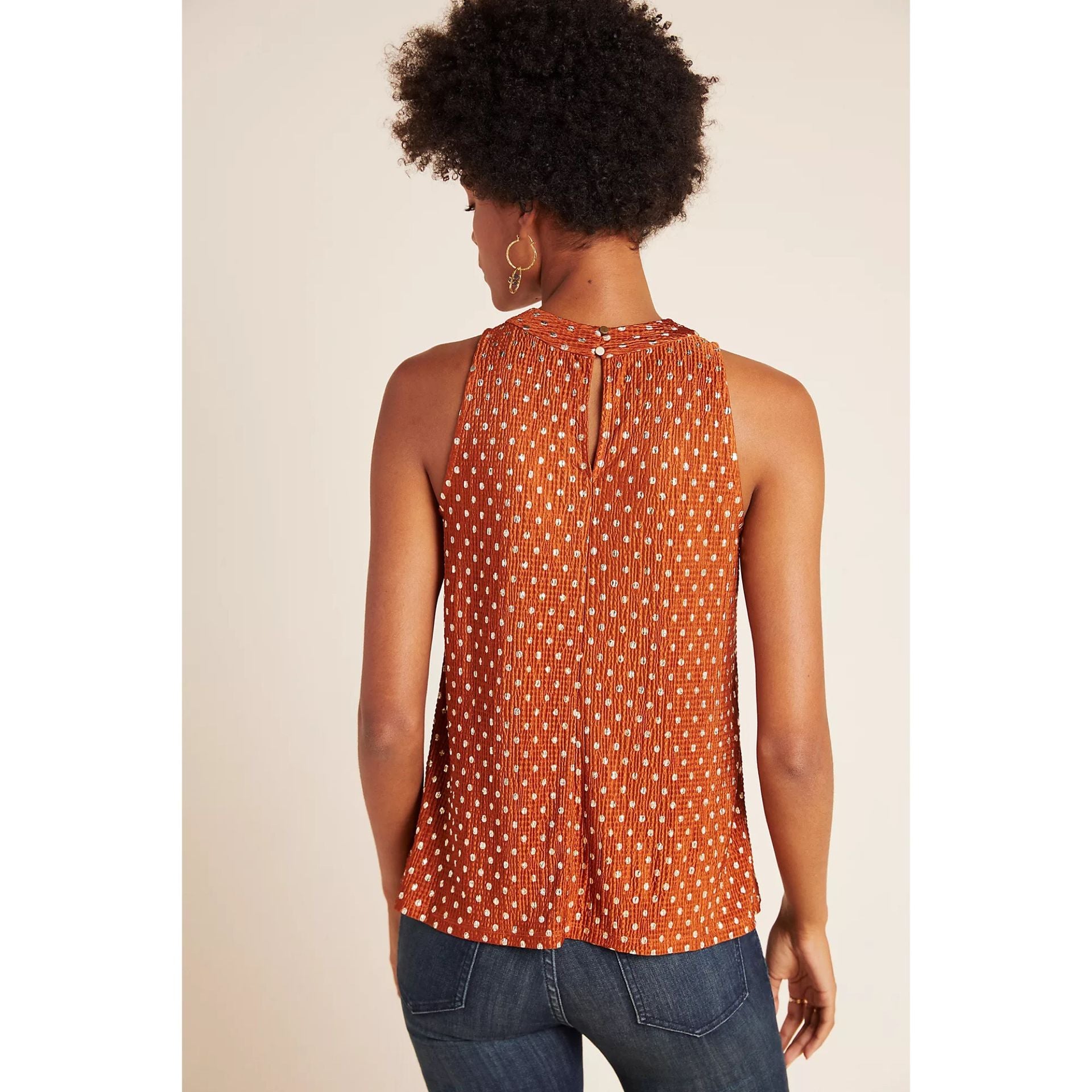 Anthropologie Metallic Brown & Silver Polka Dot Print Sleeveless Top