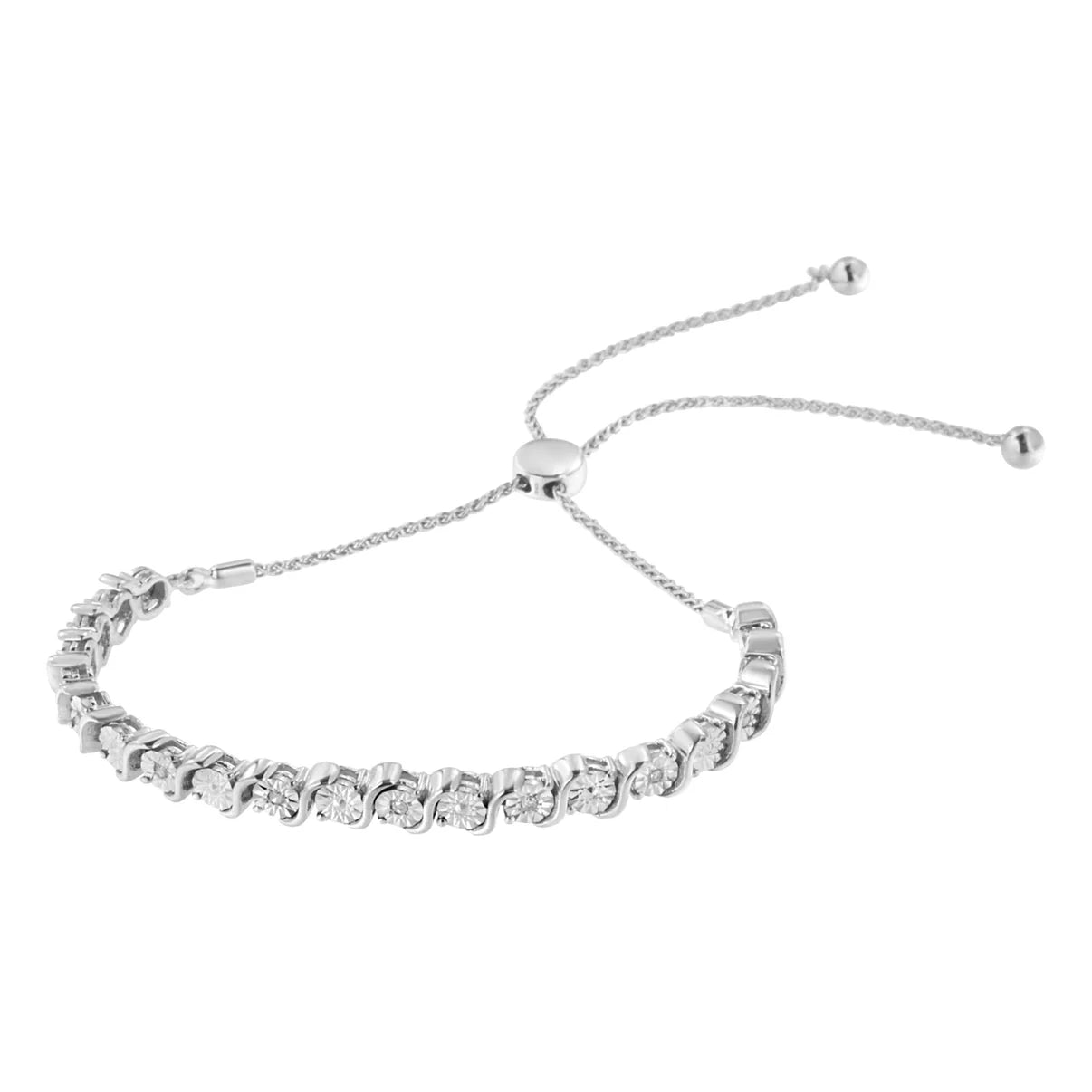 Haus of Brilliance .925 Sterling Silver 1/10 Cttw Diamond Miracle Plate in Bypass Style "S" Links Adjustable Bolo Bracelet (I-J Color, I2-I3 Clarity) - 6”-10”