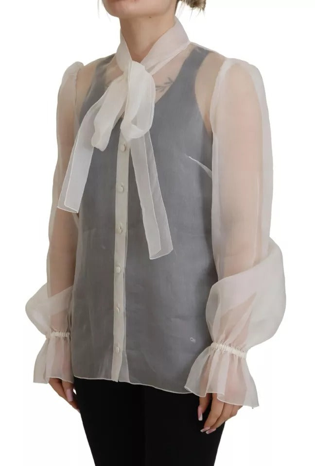 Dolce & Gabbana Dolce & Gabbana White Ascot Collar Long Sleeves Blouse Top/IT40|S/White