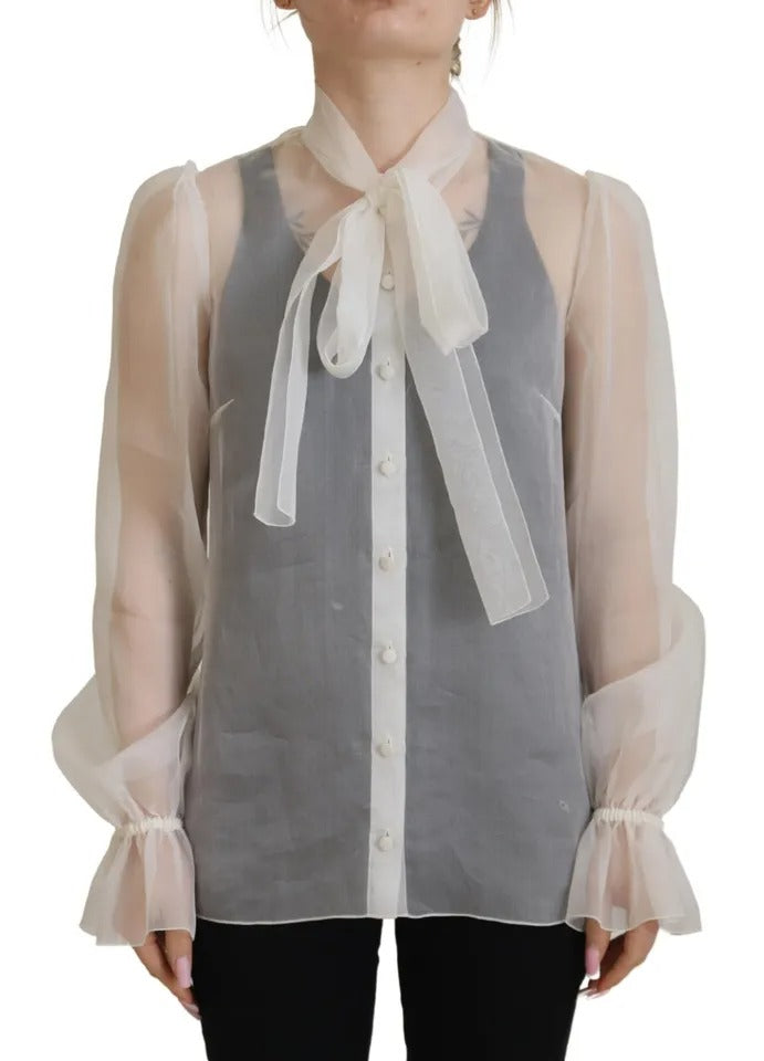 Dolce & Gabbana Dolce & Gabbana White Ascot Collar Long Sleeves Blouse Top/IT40|S/White