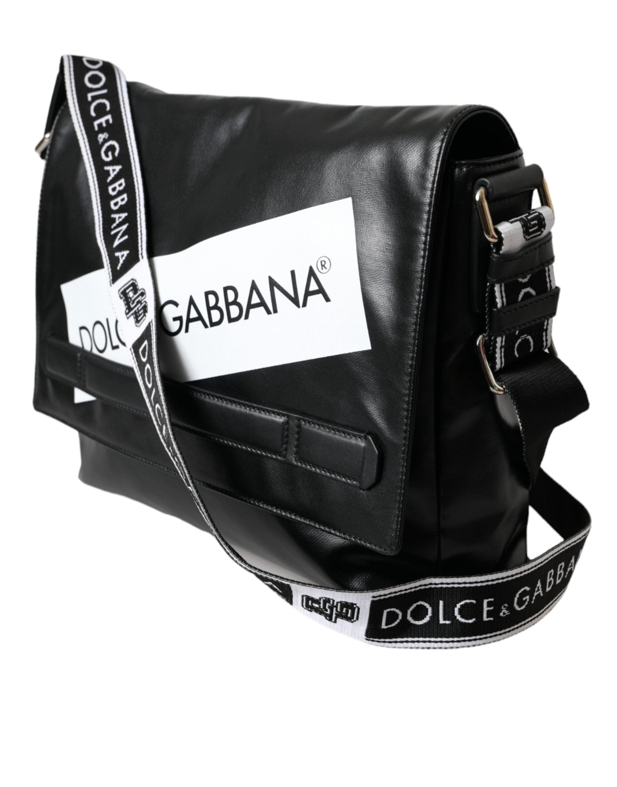 Dolce & Gabbana Dolce & Gabbana Black Calfskin Coated Canvas Logo Panel Messenger Bag/Black and White