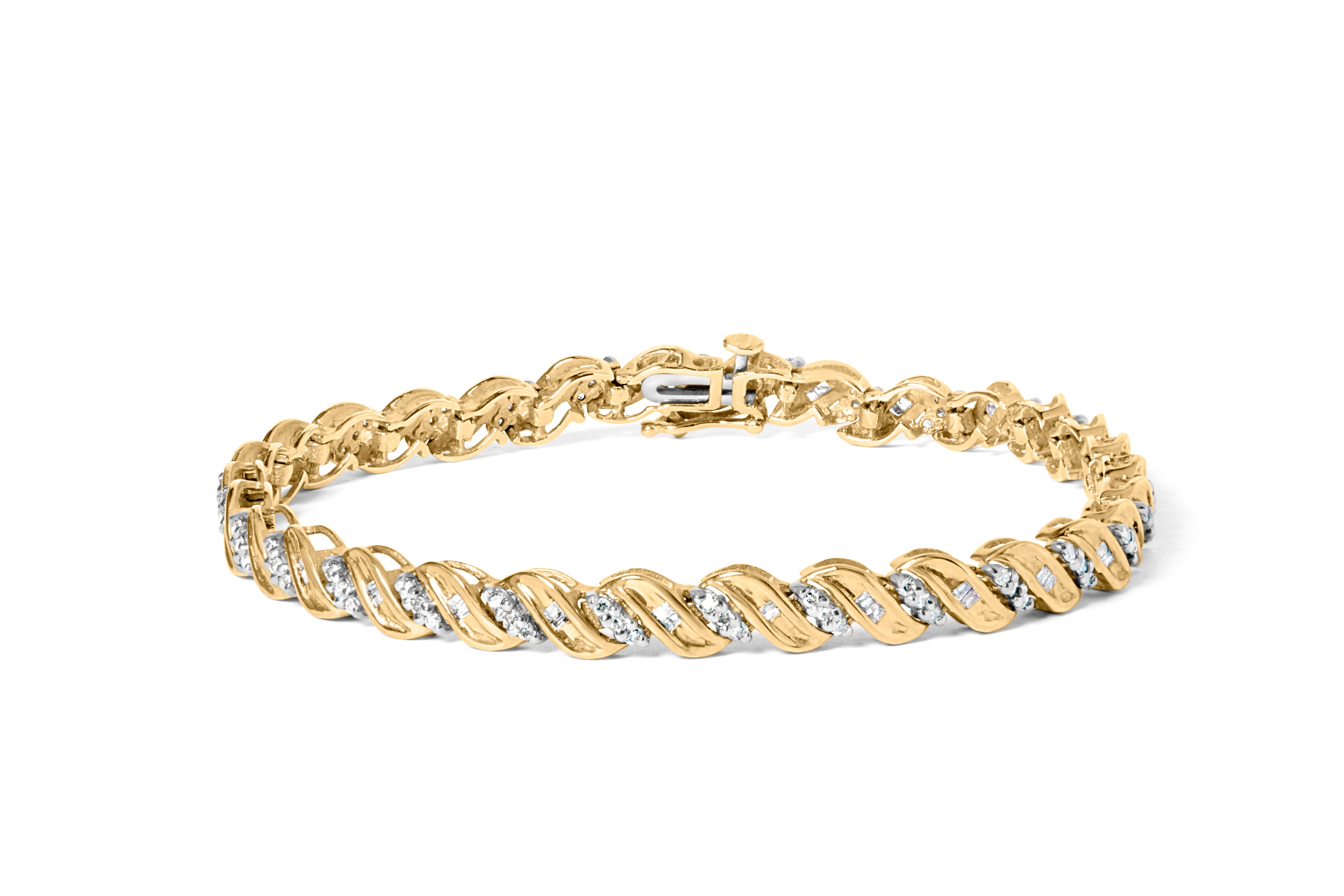 Haus of Brilliance 10k Yellow Gold 1.00 Cttw Round-Cut and Baguette-Cut S-Link 7.25" Bracelet (I-J Color, I2-I3 Clarity)