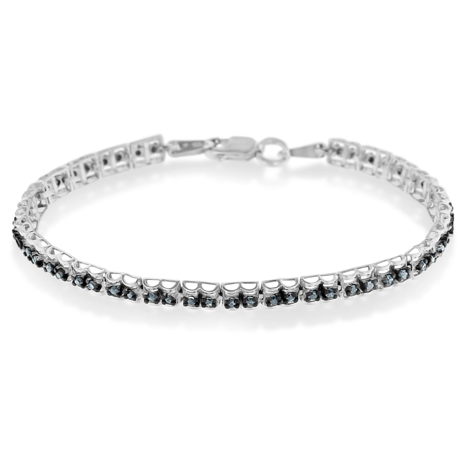 Haus of Brilliance Black Rhodium over .925 Sterling Silver 1.0 Cttw Rose Cut Diamond Double-Link 7" Tennis Bracelet (Blue Color, I1-I2 Clarity)